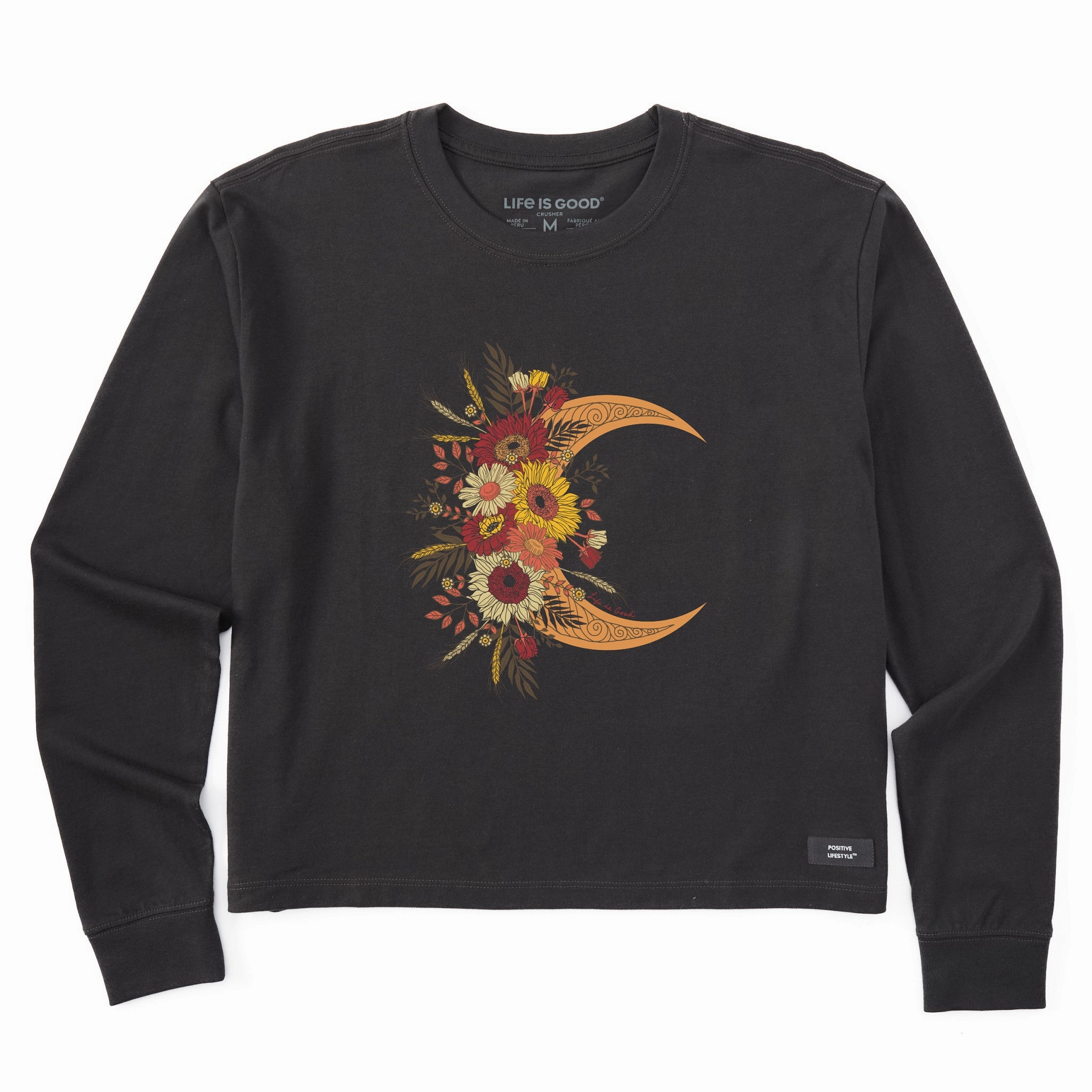 Chill Mode Fit Durable Material Women's Fall Moon and Flowers Long Sleeve Crusher Boxy Tee