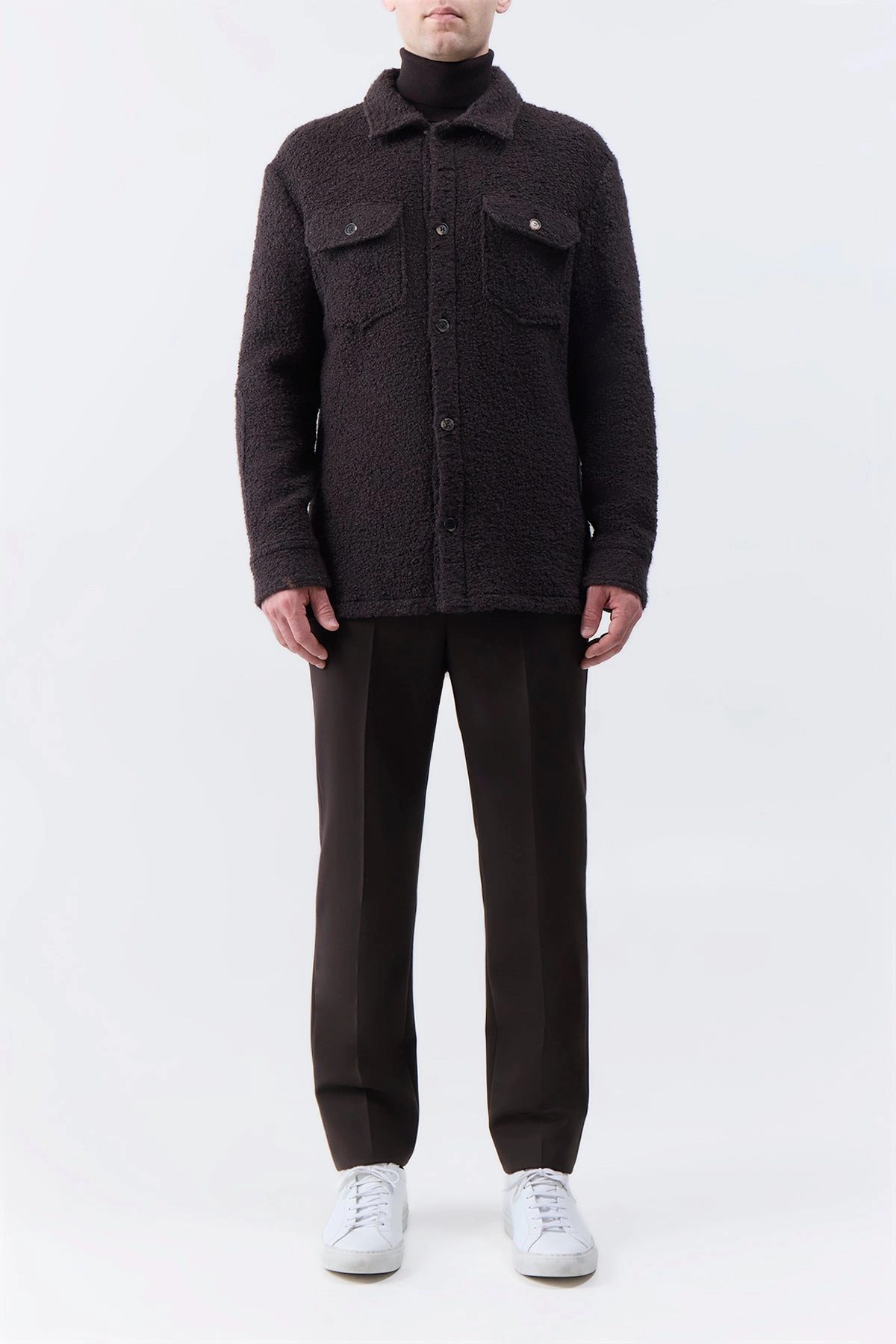 Fargo Overshirt in Chocolate Recycled Cashmere Boucle Mirror Linen