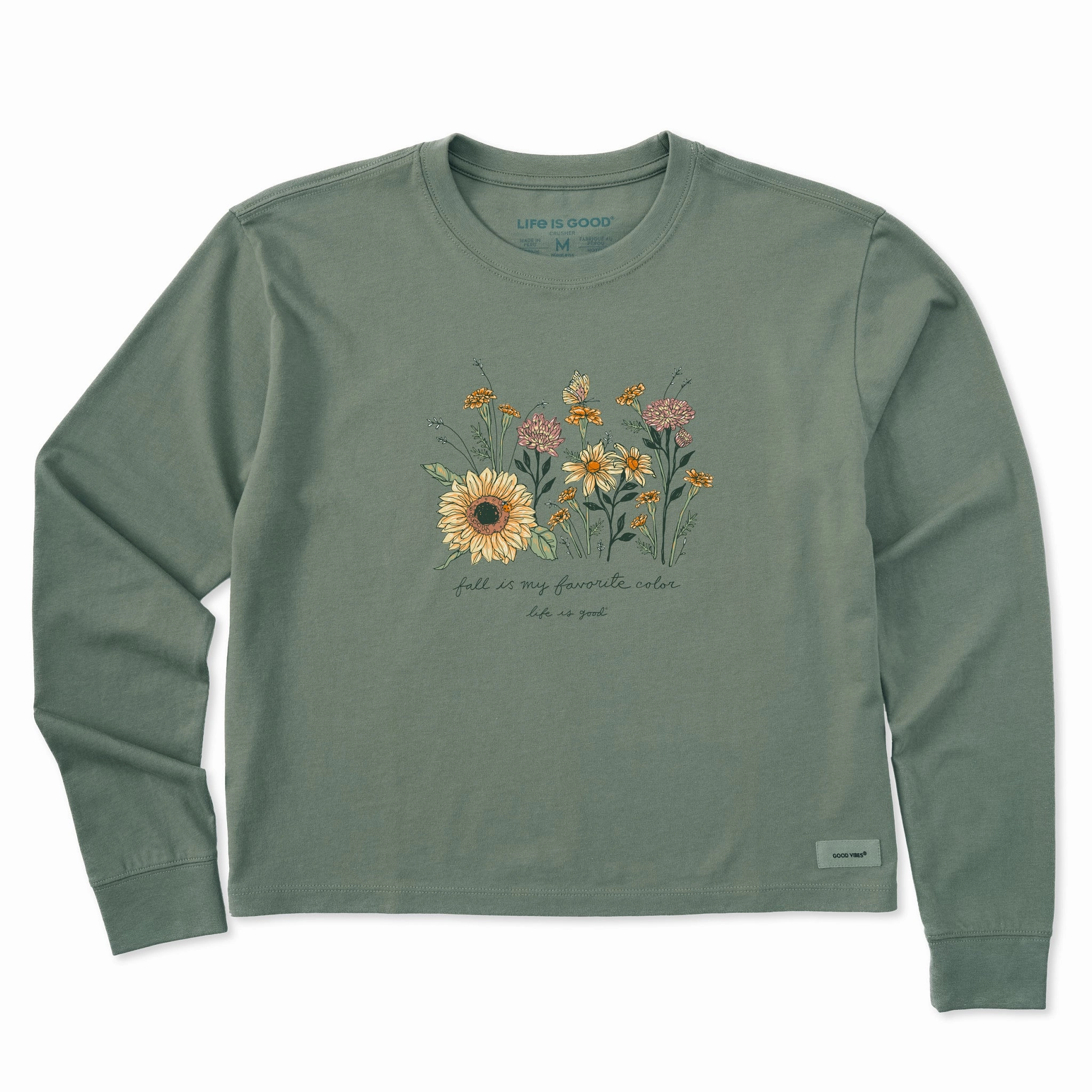 Women's Fall Favorite Color Flowers Long Sleeve Crusher Boxy Tee High Durability Weave