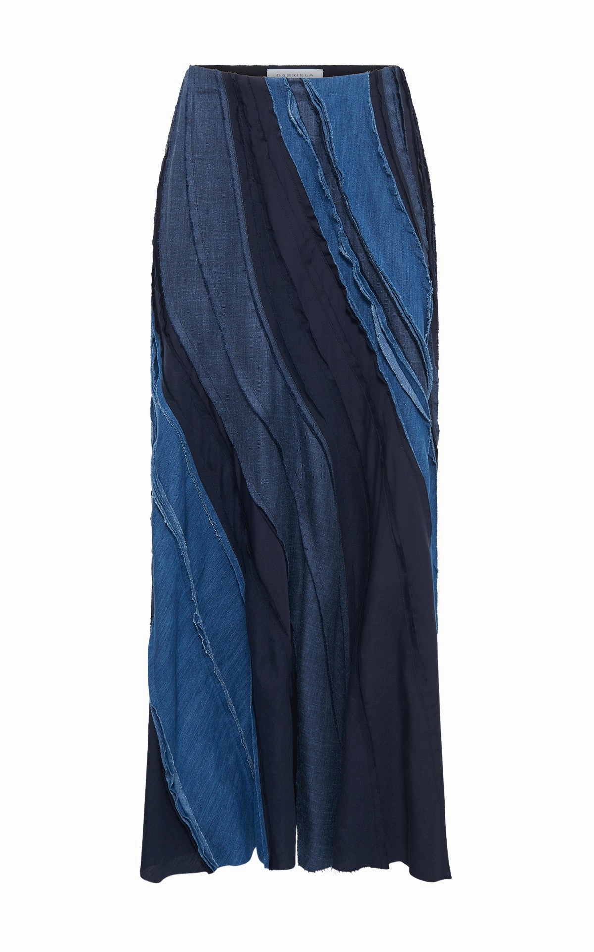Elora Patchwork Midi Skirt in Medium Blue Recycled Cotton Linen Denim Dapper Business Look