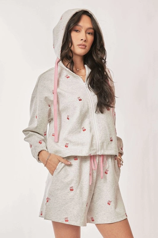 Ribbon Cherry Embroidery Zip Up Hoodie and Shorts Set Wrinkle Resistant Knit