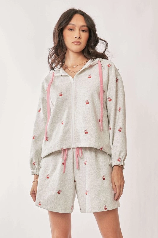 Ribbon Cherry Embroidery Zip Up Hoodie and Shorts Set All Season Versatility
