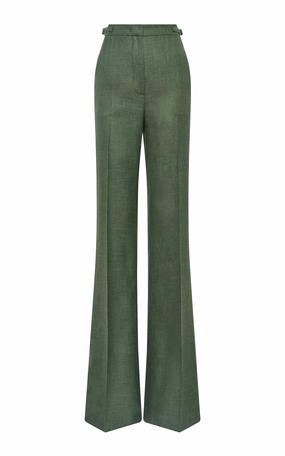 Chic Tailored Classic Layer Vesta Flared Pant in Olive Virgin Wool Silk with Linen