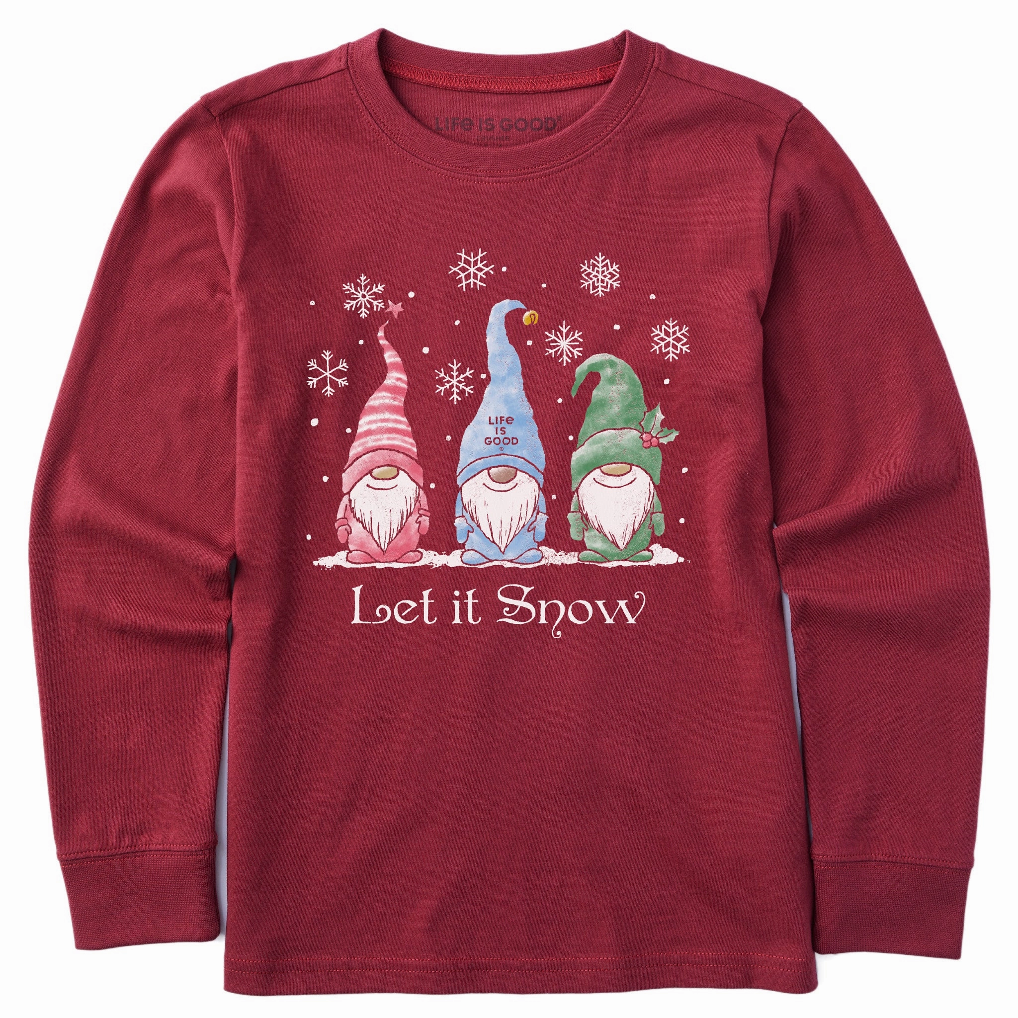 Flattering Shape Kids Let it Snow Gnomes Long Sleeve Crusher Tee