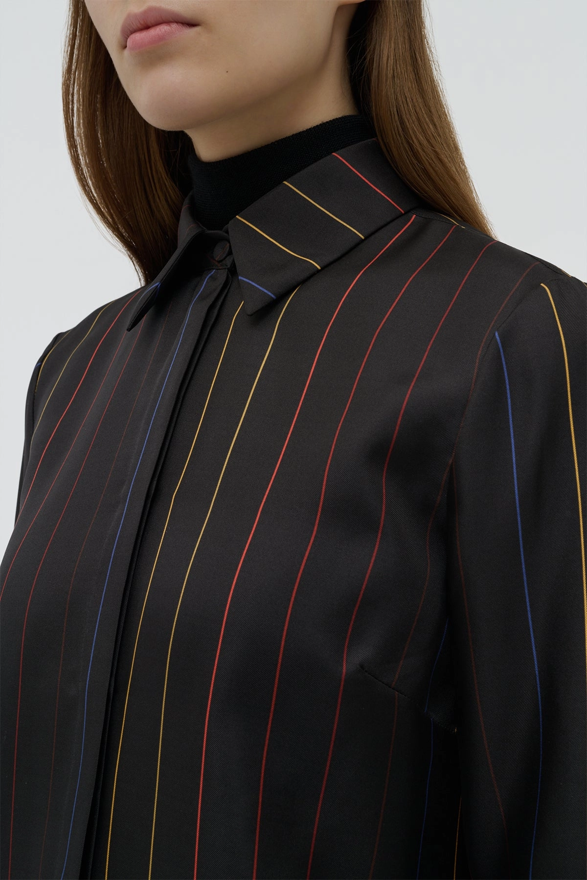 Premium Button Hardware Henri Blouse in Charcoal Multi Pinstripe Silk Twill