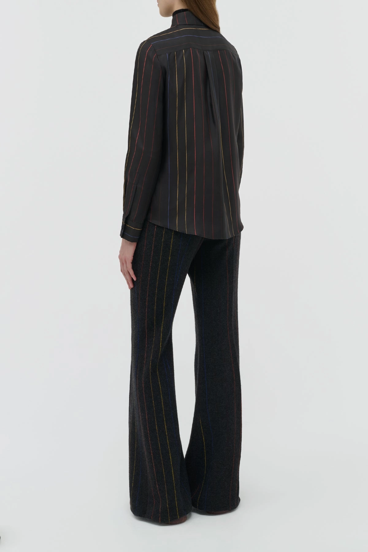 Tailored Work Fit Snag Resistant Weave Henri Blouse in Charcoal Multi Pinstripe Silk Twill