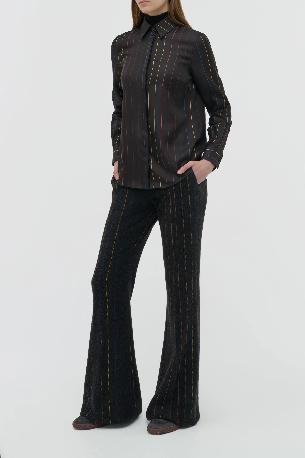 Soft Fabric Henri Blouse in Charcoal Multi Pinstripe Silk Twill