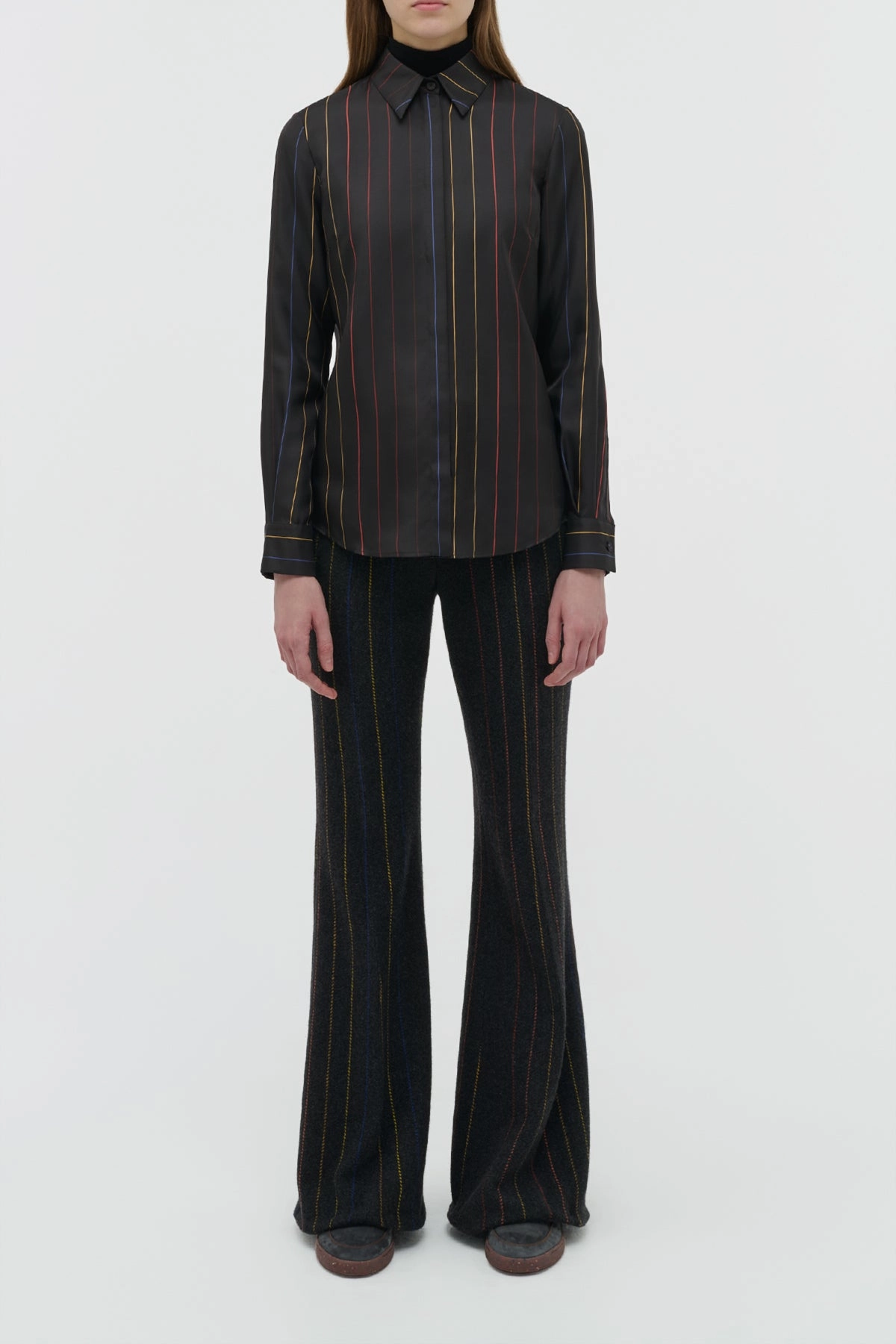Timeless business wear Henri Blouse in Charcoal Multi Pinstripe Silk Twill