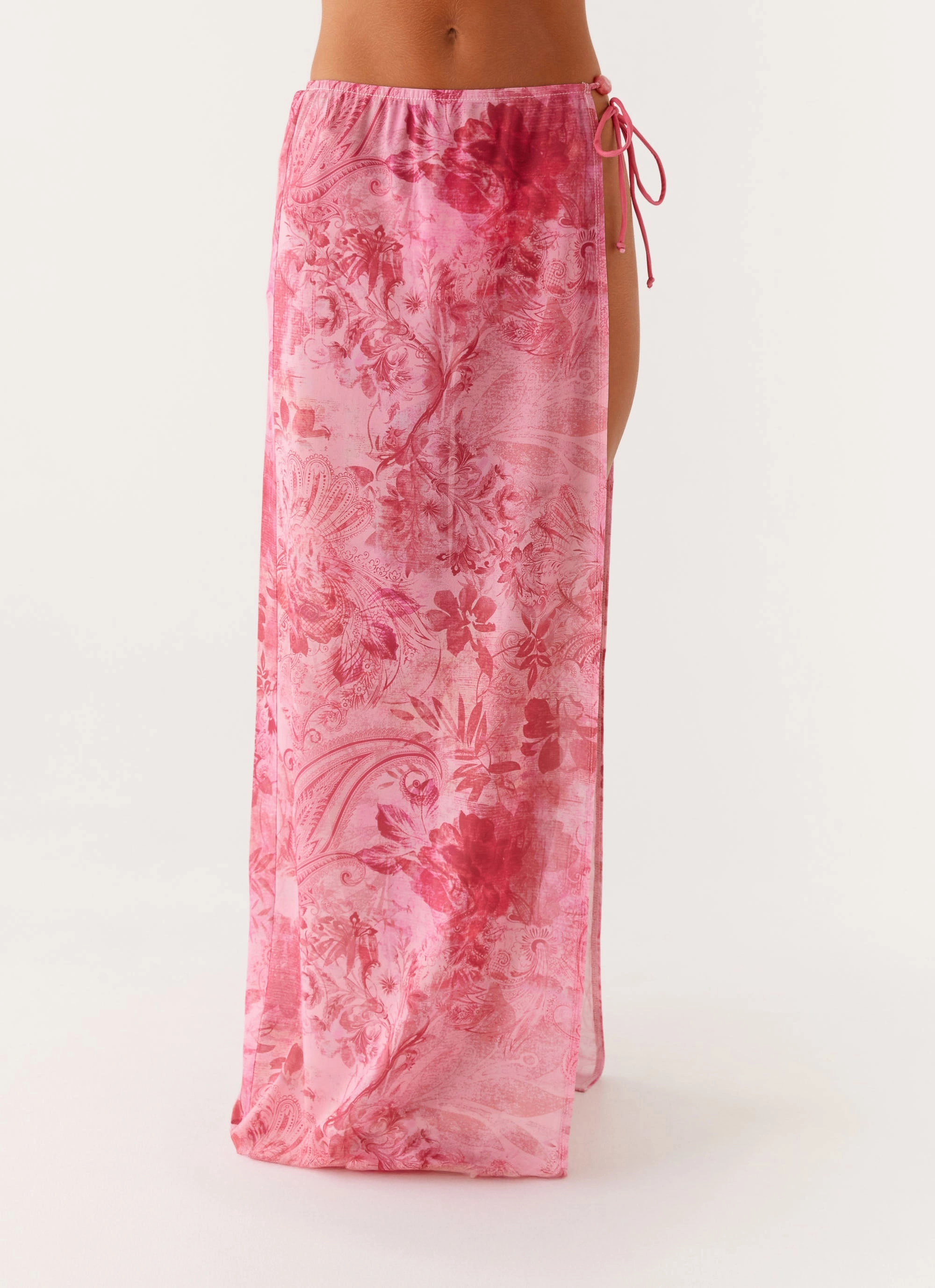 Here For It Beaded Maxi Skirt - Pink Print Laser Cut Edges Soft Layers