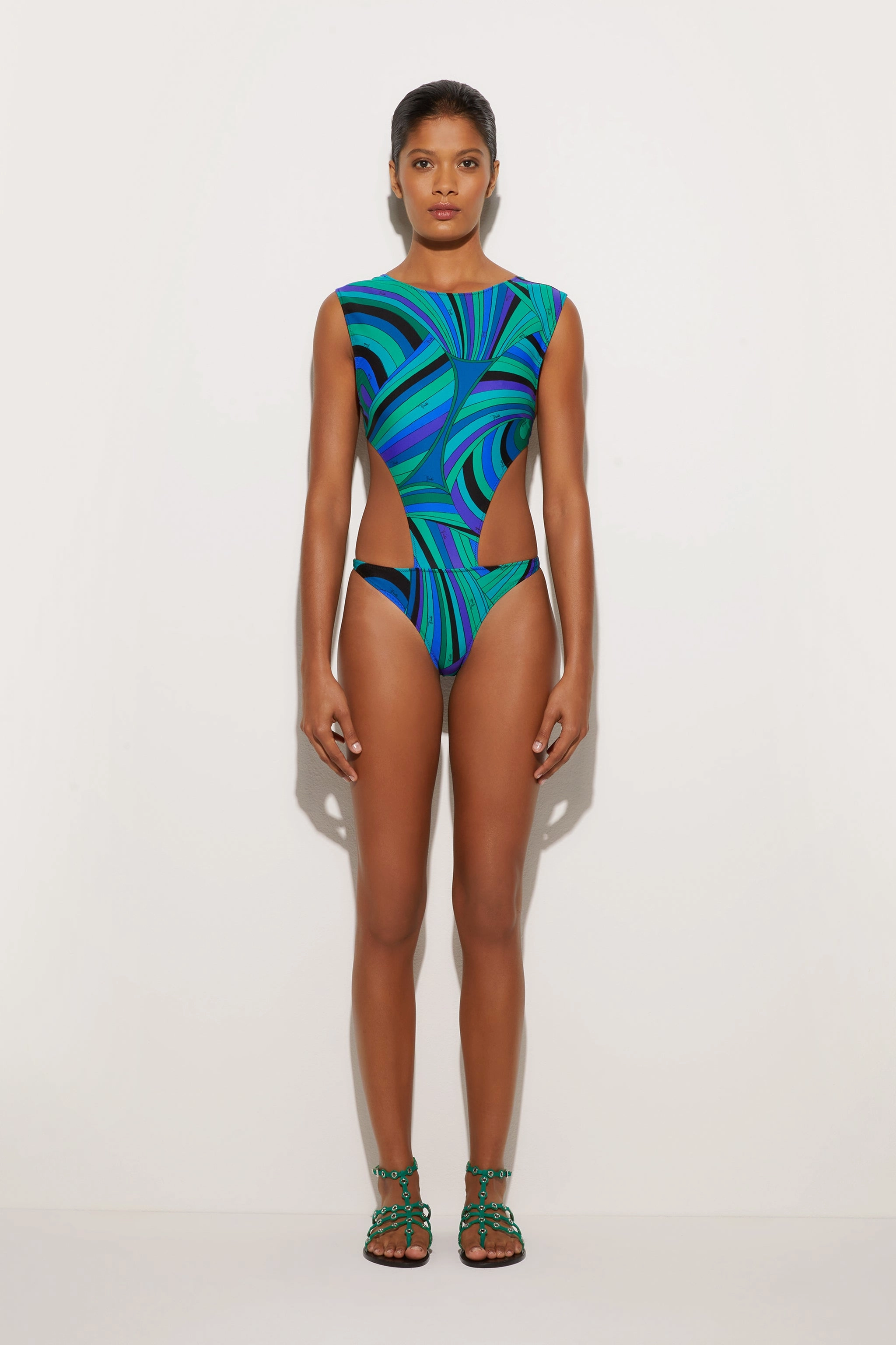 Iride Print Neckline Swimsuit Multi Hook Back Closure