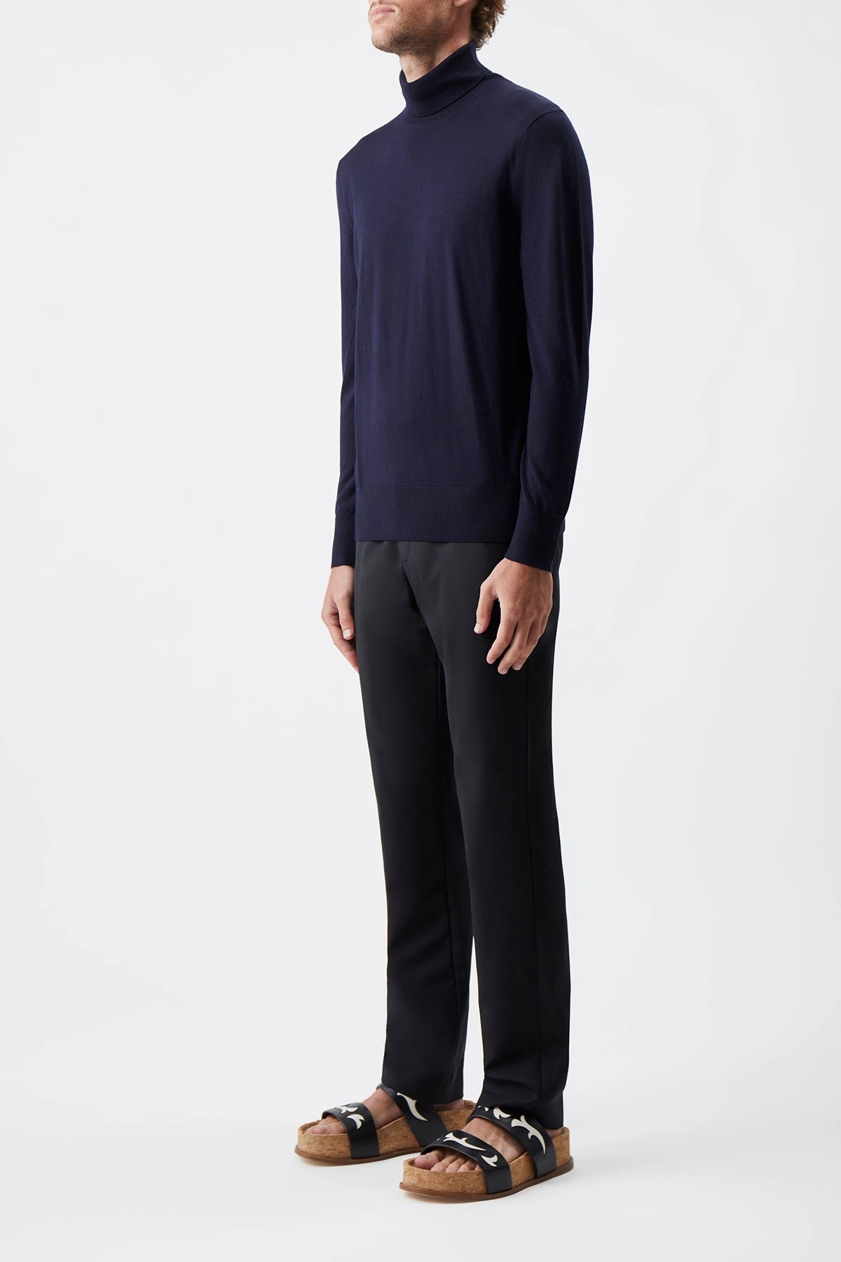 ShapeRetention Fabric Recycled Polyester Thread Jermaine Knit Turtleneck in Navy Merino Wool