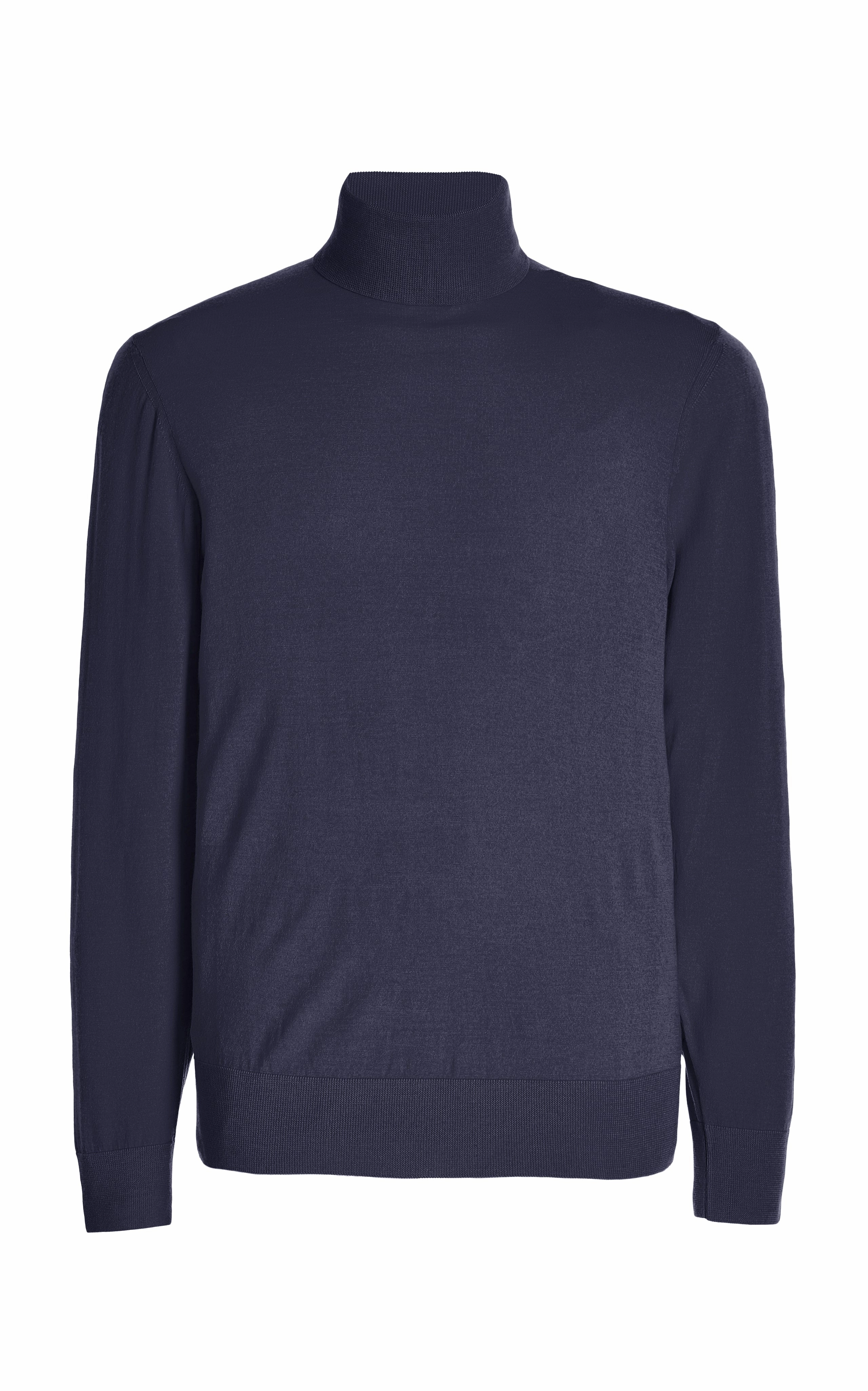 Stylish Drape Airflow Channel Weave Jermaine Knit Turtleneck in Navy Merino Wool