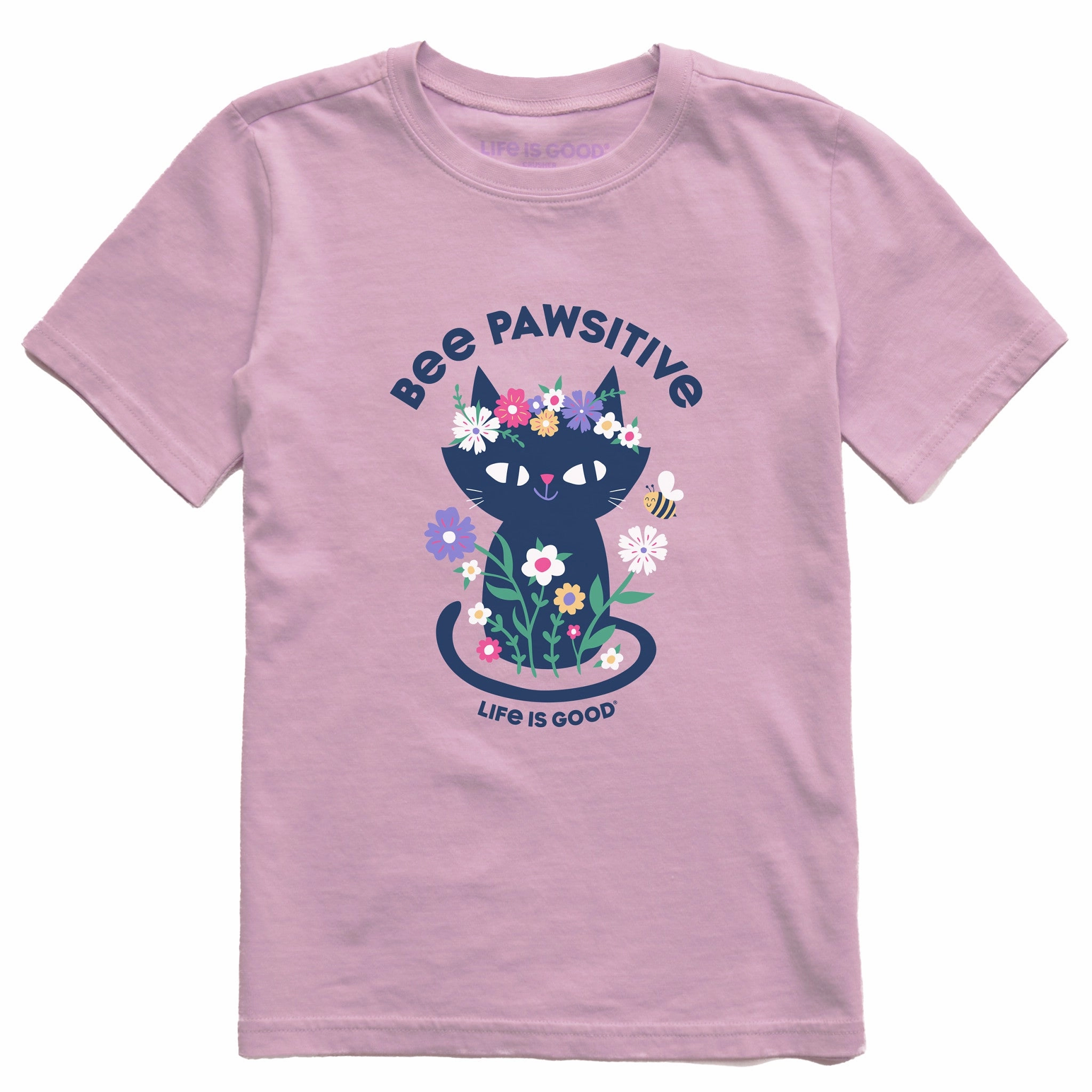 Kids Bee Pawsitive Flower Crown Kitty Short Sleeve Crusher Tee Easy Style Wear