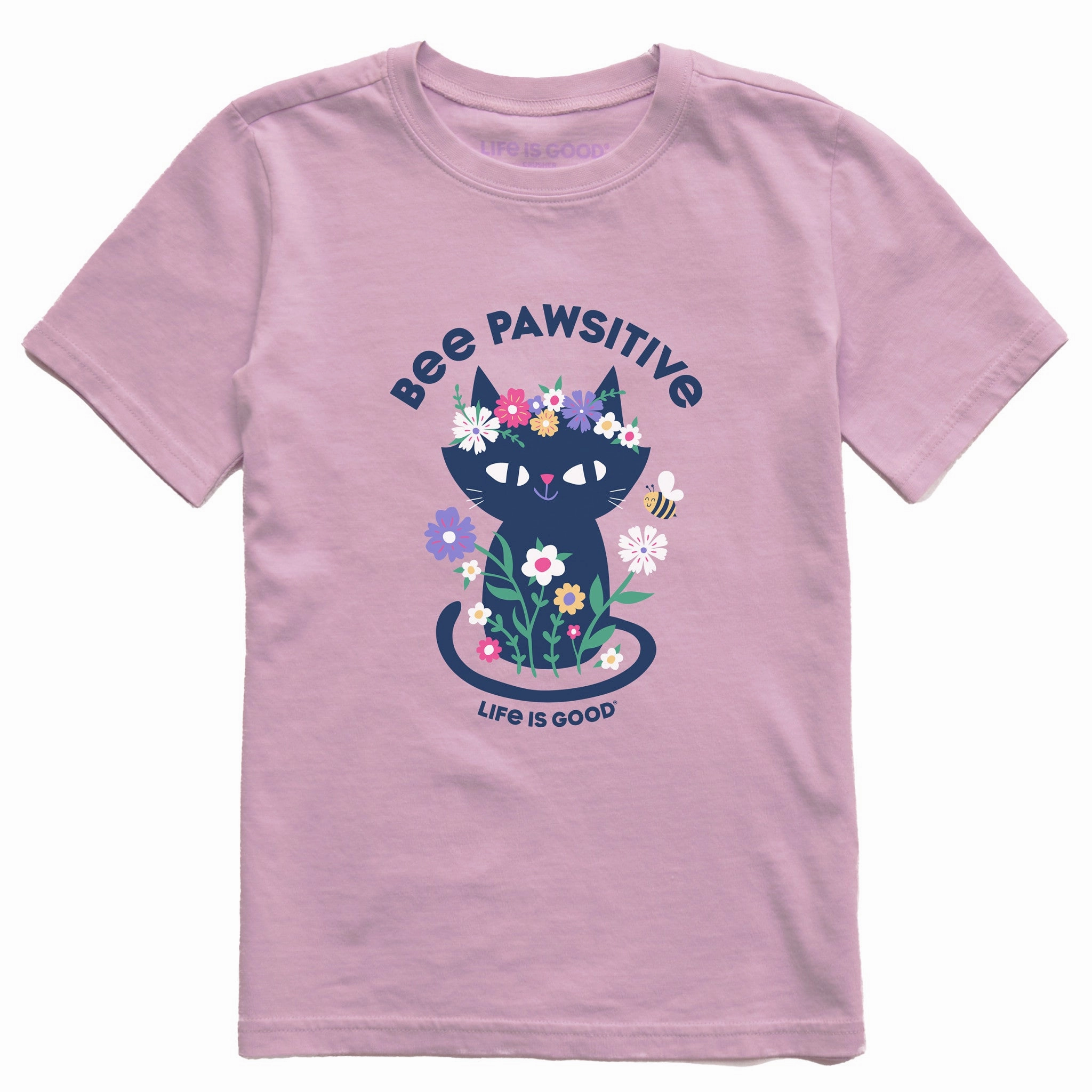 Kids Bee Pawsitive Flower Crown Kitty Short Sleeve Crusher Tee Cozy Waistband Comfy Look Wear