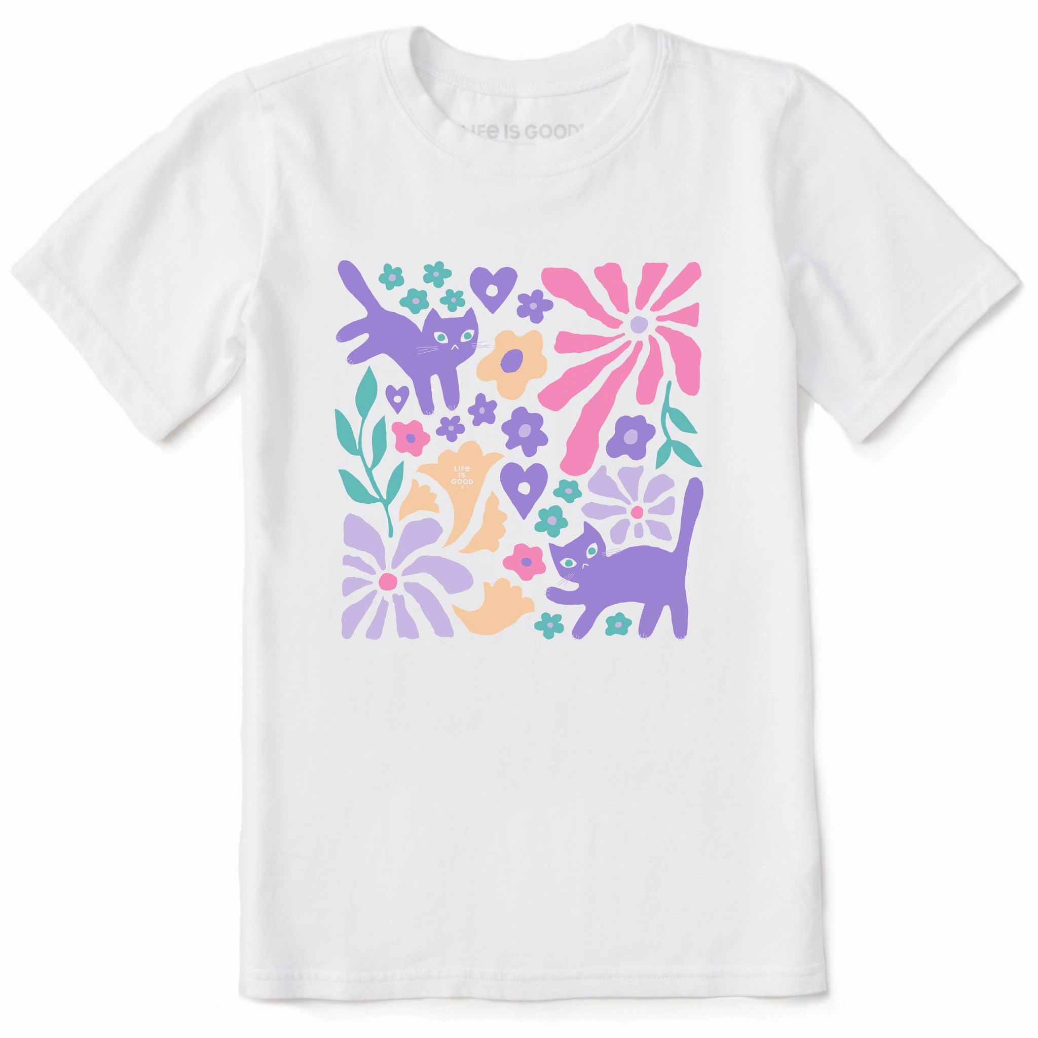 Relaxed Torso Fit Modern Casual Kids Cats in Flower Field Short Sleeve Crusher Tee