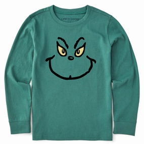 Kids Grinch Grin Long Sleeve Crusher Tee Comfy Casual Wear Contrast Inner Binding