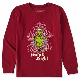 Kids Grinch Merry and Bright Long Sleeve Crusher Tee Hypoallergenic fabric Regular Fit