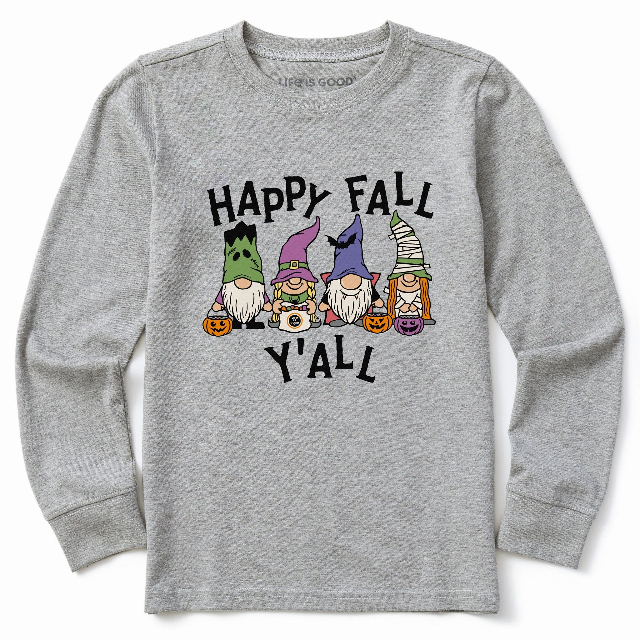 Kids Happy Fall Y'All Halloween Gnomes Long Sleeve Crusher Tee right size Side Vent Design