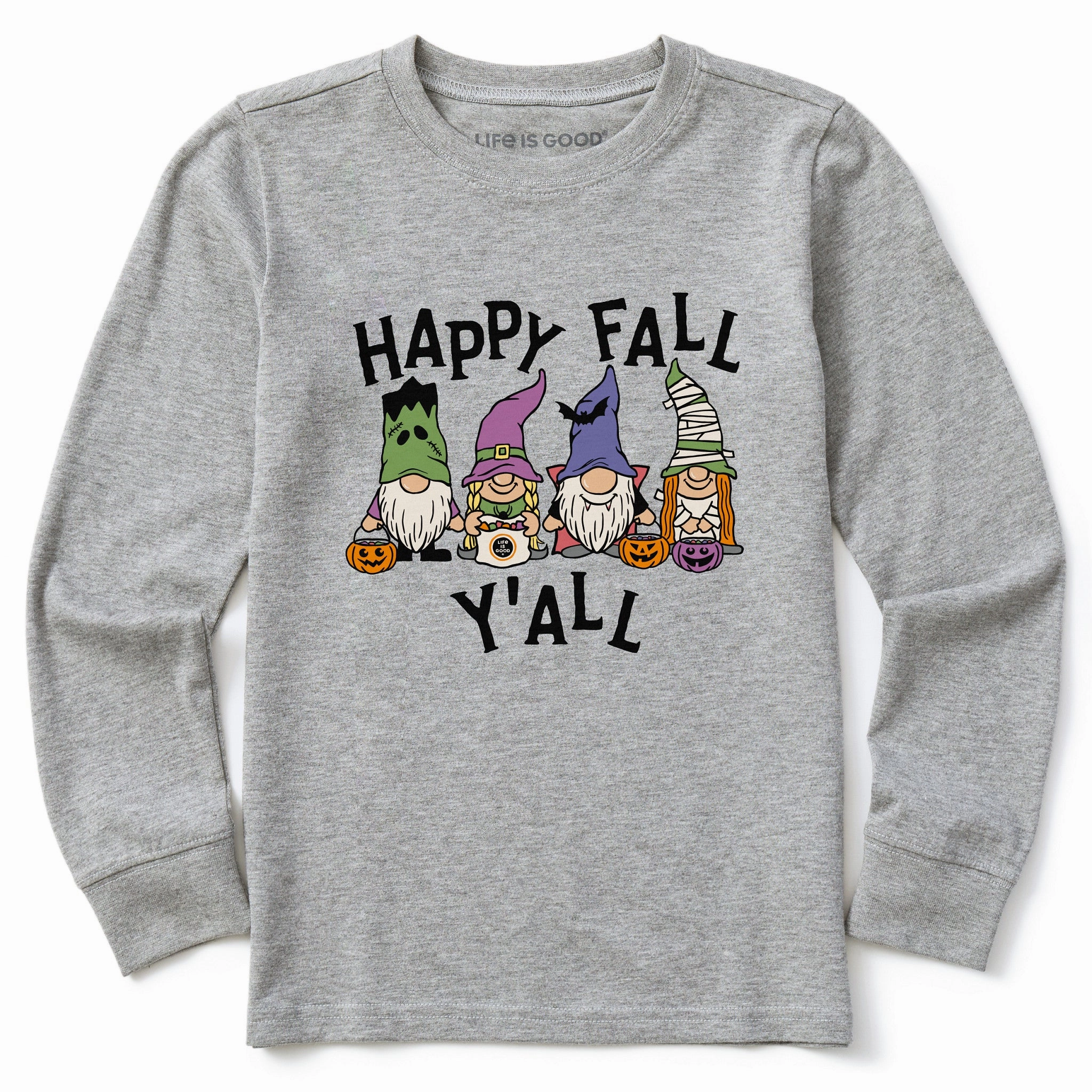 Kids Happy Fall Y'All Halloween Gnomes Long Sleeve Crusher Tee Chilly Day Comfort Chic and Cozy Wear