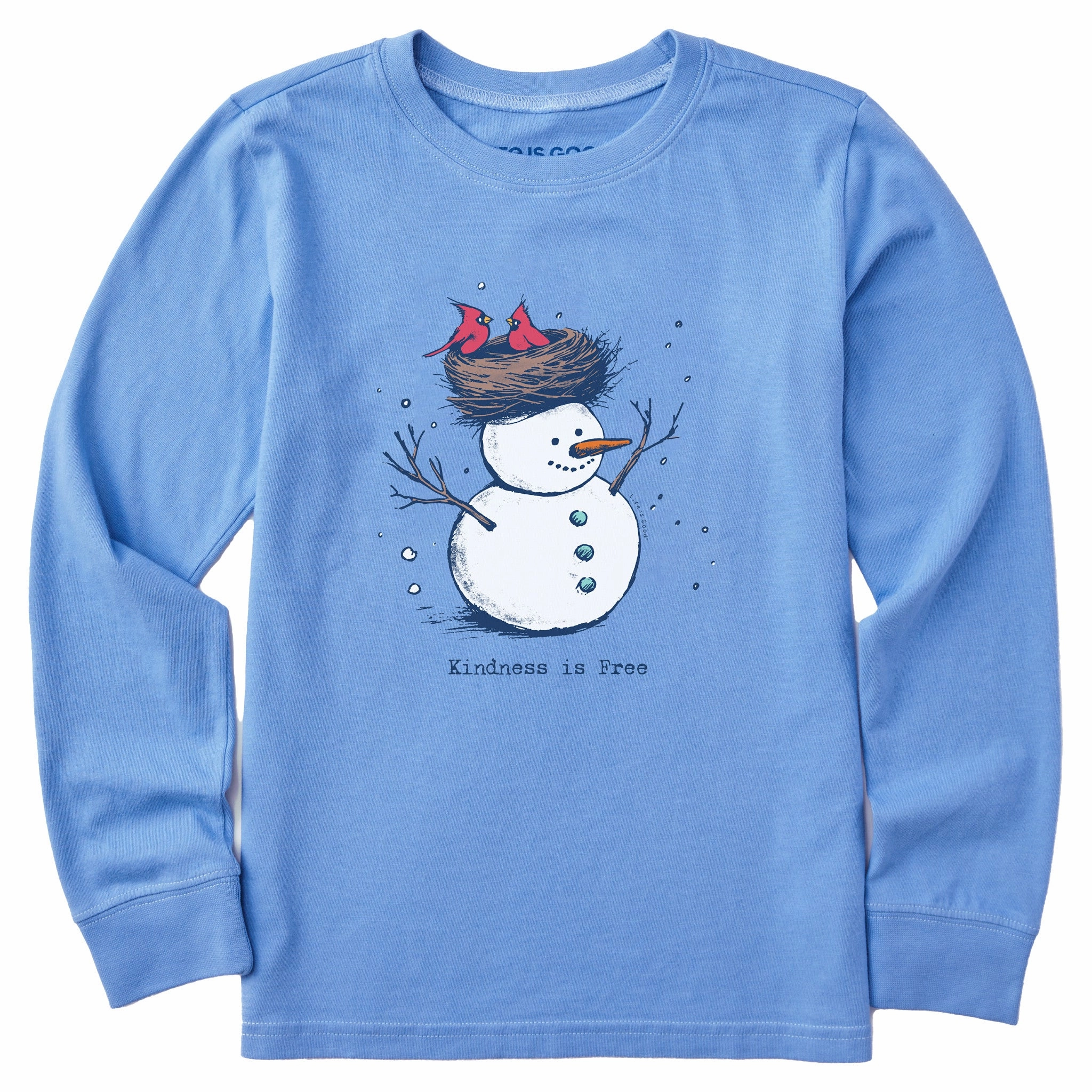 Ultra Soft Blended Textile Minimal Comfort Style Kids Kindness is Free Snowman Long Sleeve Crusher Tee