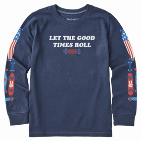 Kids Let the Good Times Roll Skateboard Long Sleeve Crusher Tee Durable Ribbed Hem