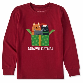 Kids Meowy Catmas Present Long Sleeve Crusher Tee Fun Style Camping practicality