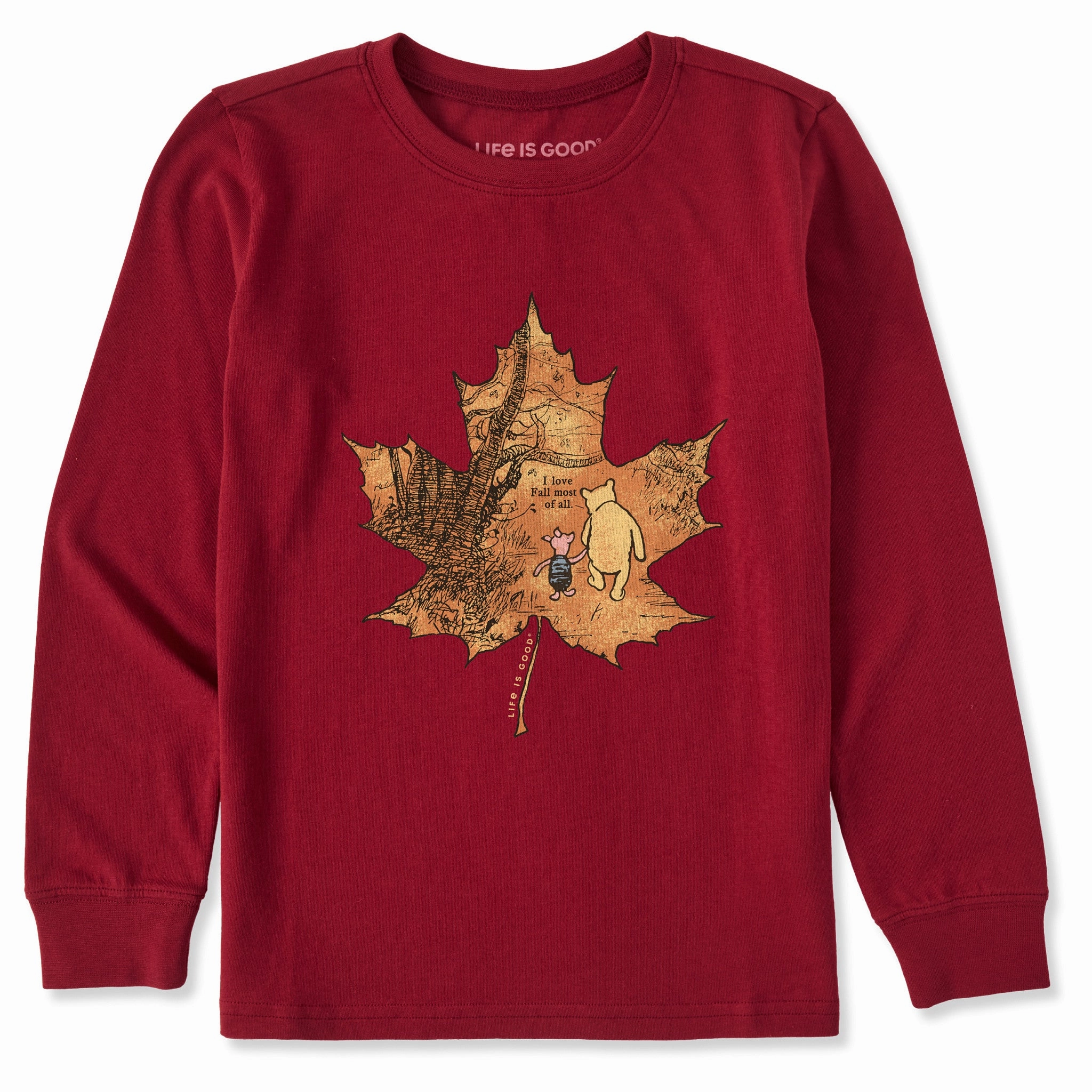 Sporty Stretch Fit Kids Winnie & P Maple Leaf Long Sleeve Crusher Tee