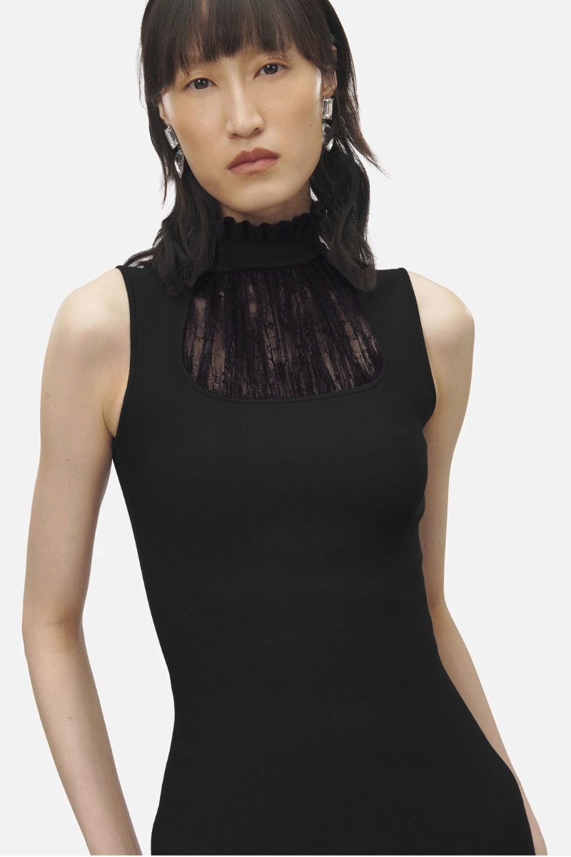 Lace Panel Midi Dress Crisp Silhouette