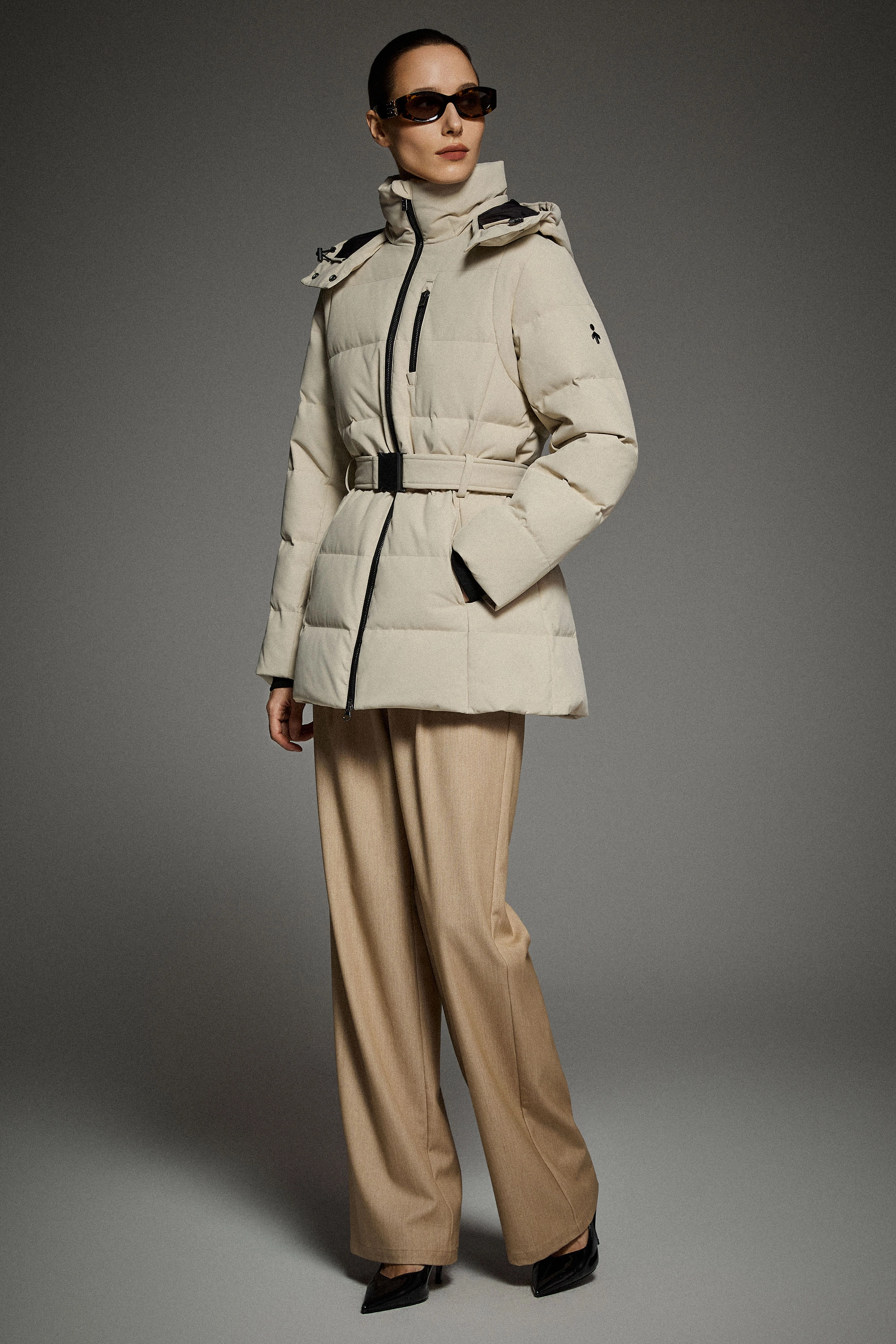 Celeste Polished Edge Belted Hooded Down Jacket Morning Commute Gear