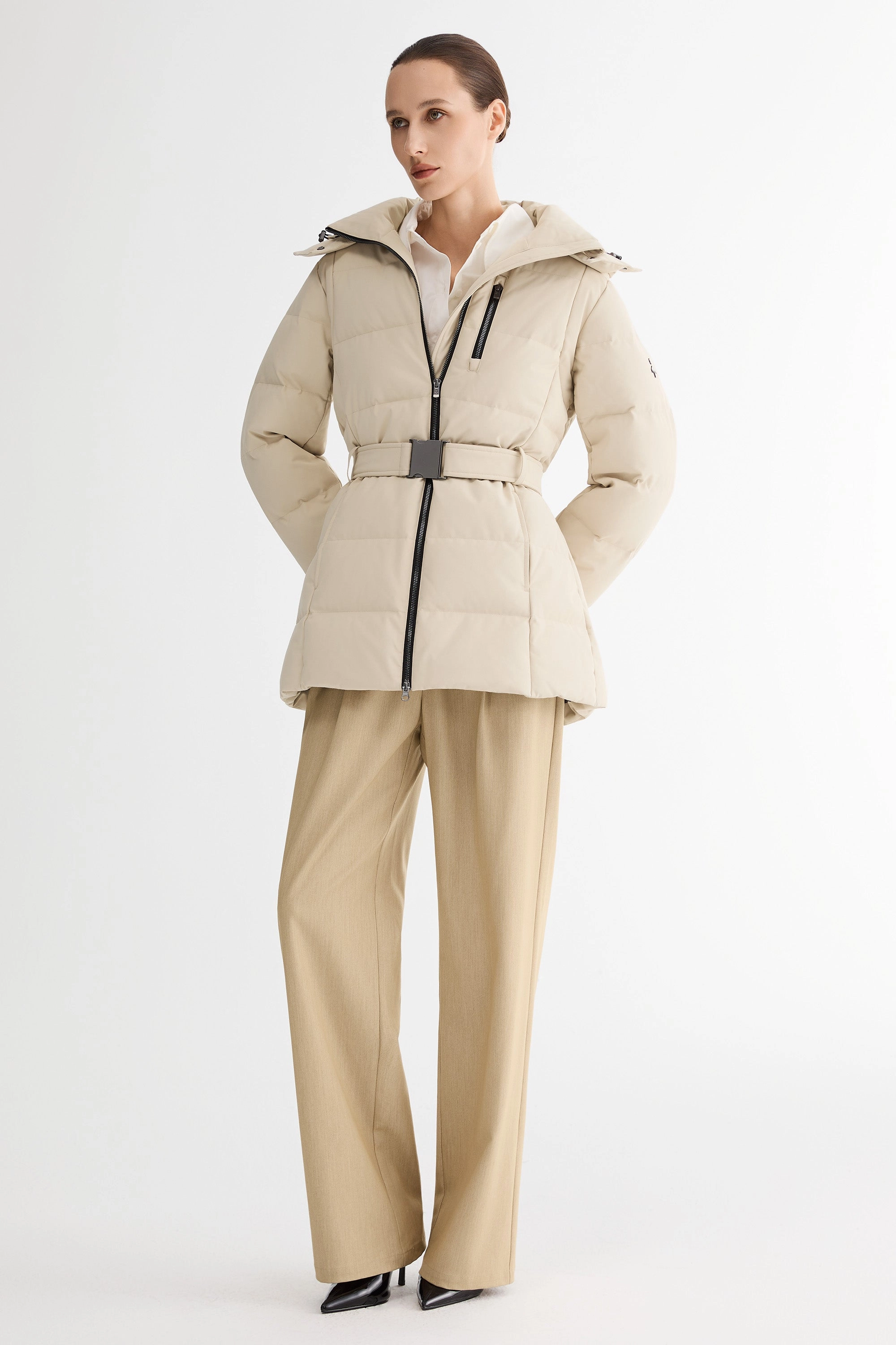 Celeste Polished Edge Belted Hooded Down Jacket Taped Seam Technology