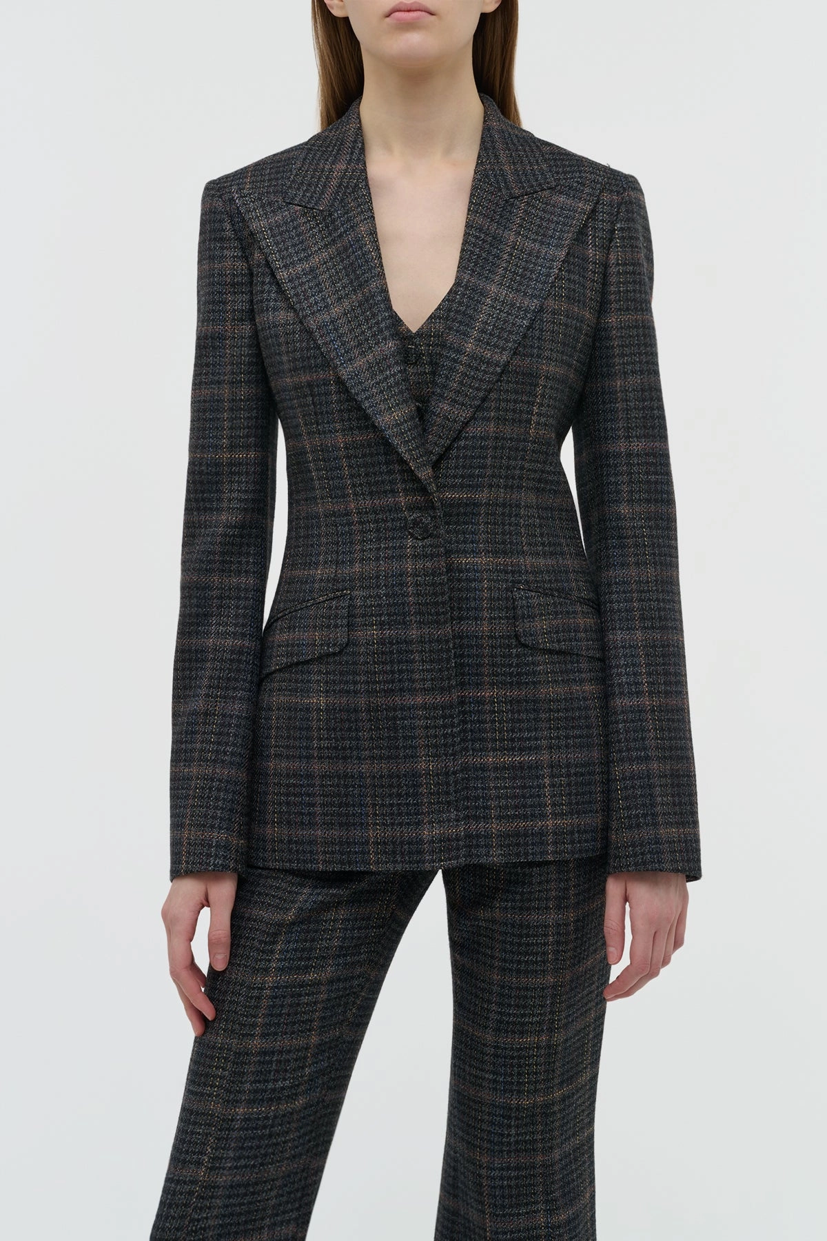 Leiva Blazer in Charcoal Multi Wool Silk Clubcheck Plaid Luxury Office Style Sculpted comfort