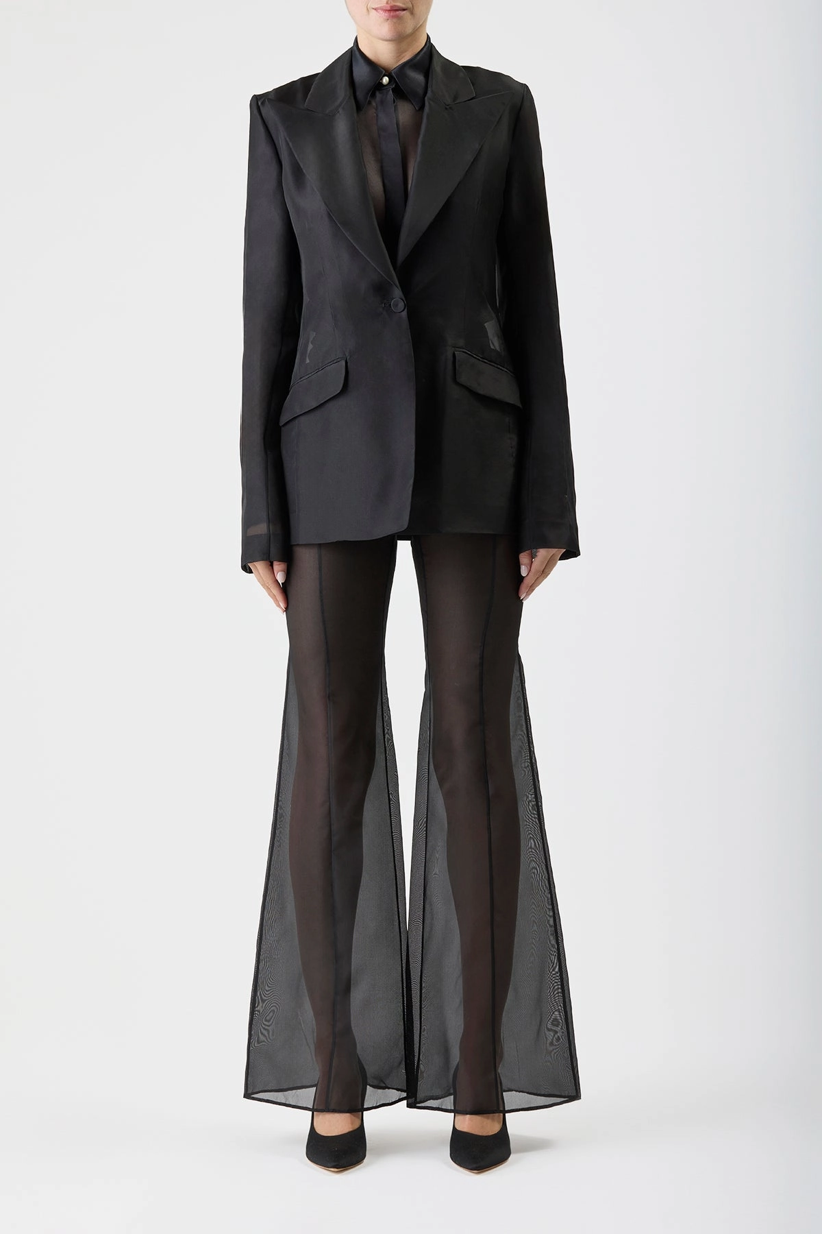 Leiva Sheer Blazer in Black Silk Organza Sharp Lines