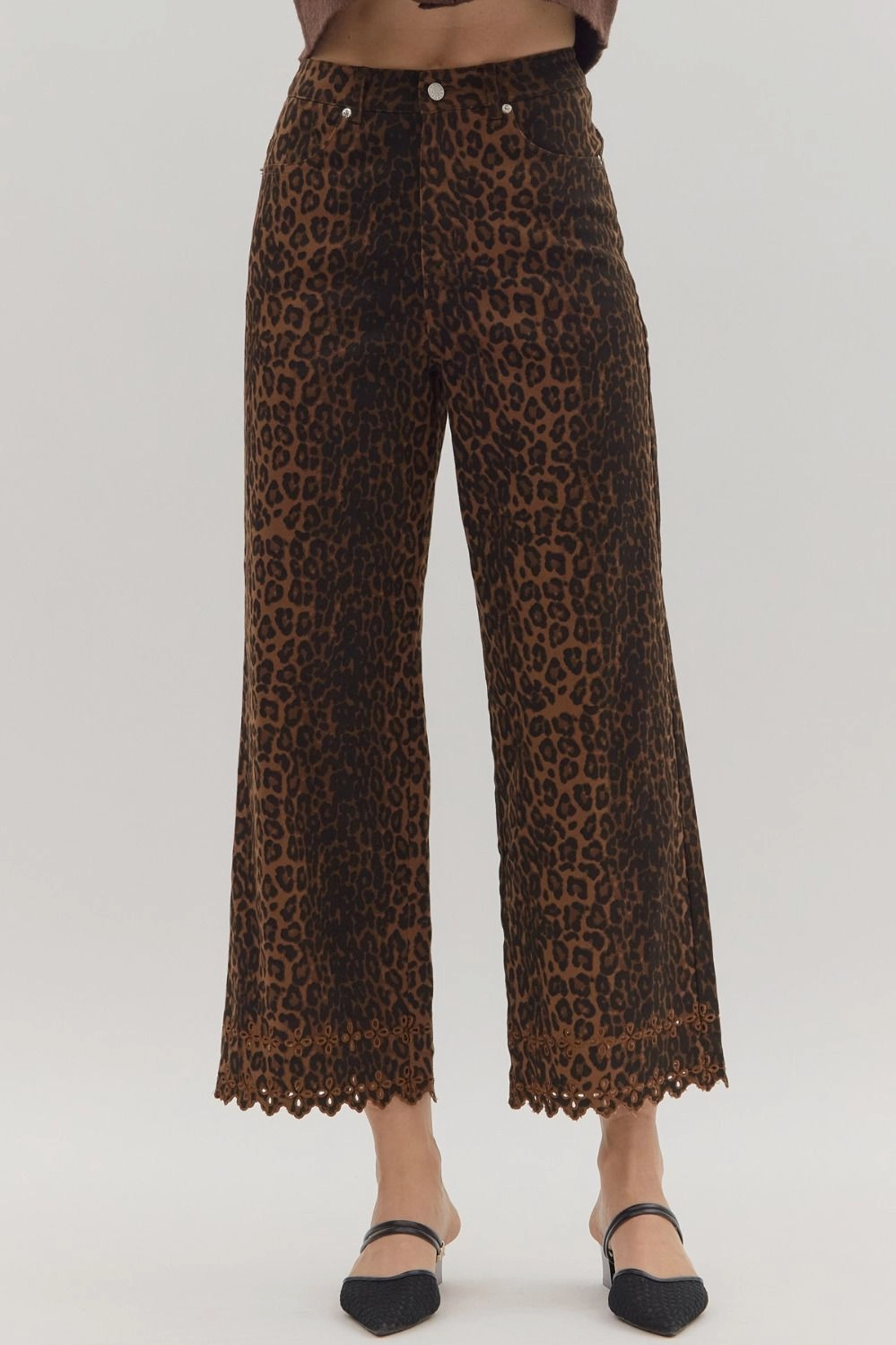 Natural Movement Leopard Pattern Pants Featuring Floral Embroidered Hem