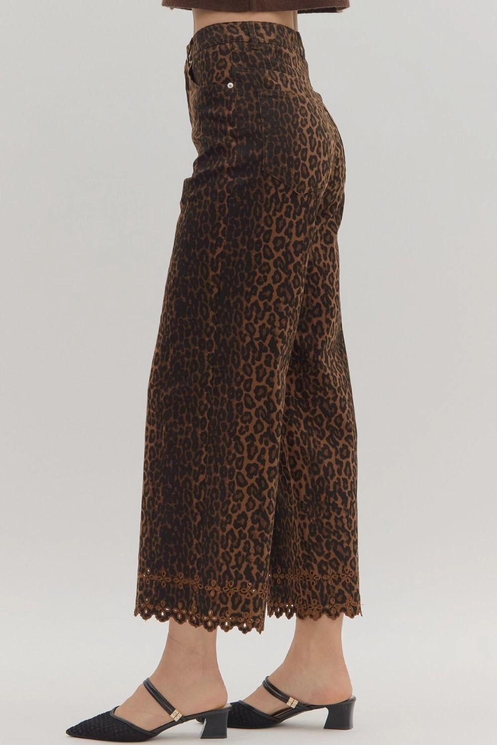 Full Coverage sport chic Leopard Pattern Pants Featuring Floral Embroidered Hem