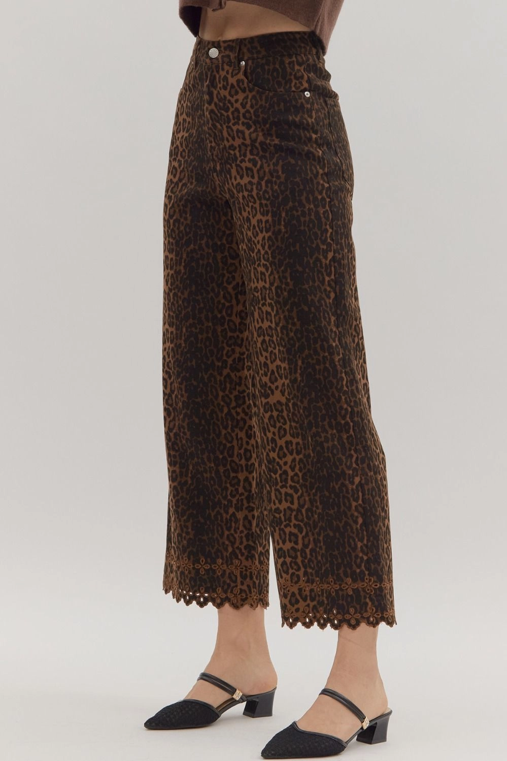 Easy Care Fabric Finish Bold Waistband Leopard Pattern Pants Featuring Floral Embroidered Hem