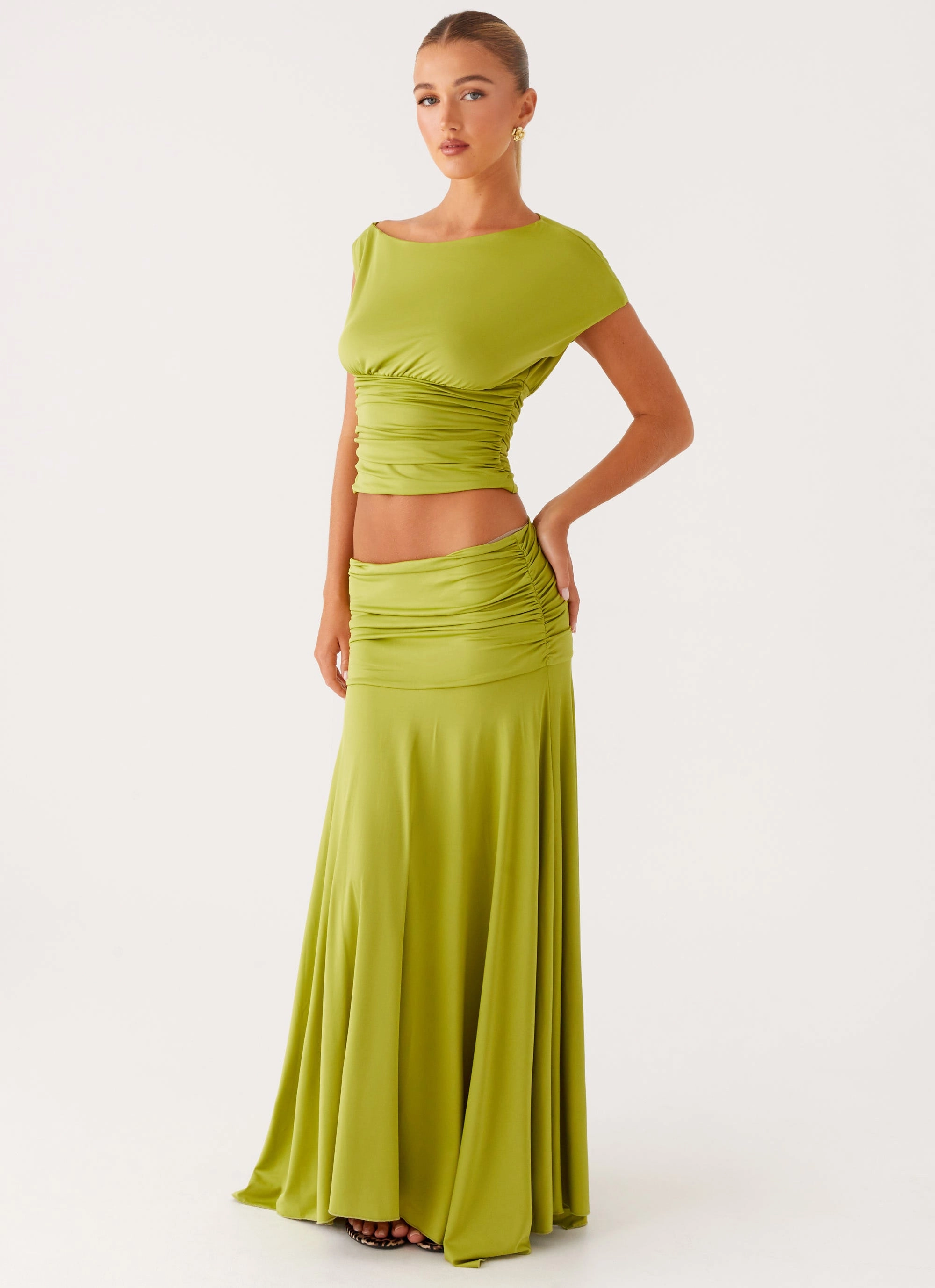 Texture Play Glossy Texture Liana Ruched Maxi Skirt - Green