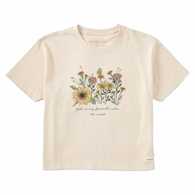 Curved Hemline Stretch performance Women's Fall Favorite Color Flowers Short Sleeve Crusher Boxy Tee