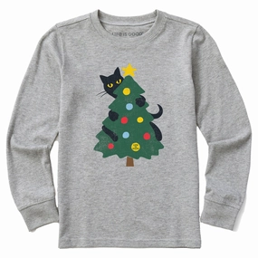 Kids Cat Christmas Tree Long Sleeve Crusher Tee Summer Style