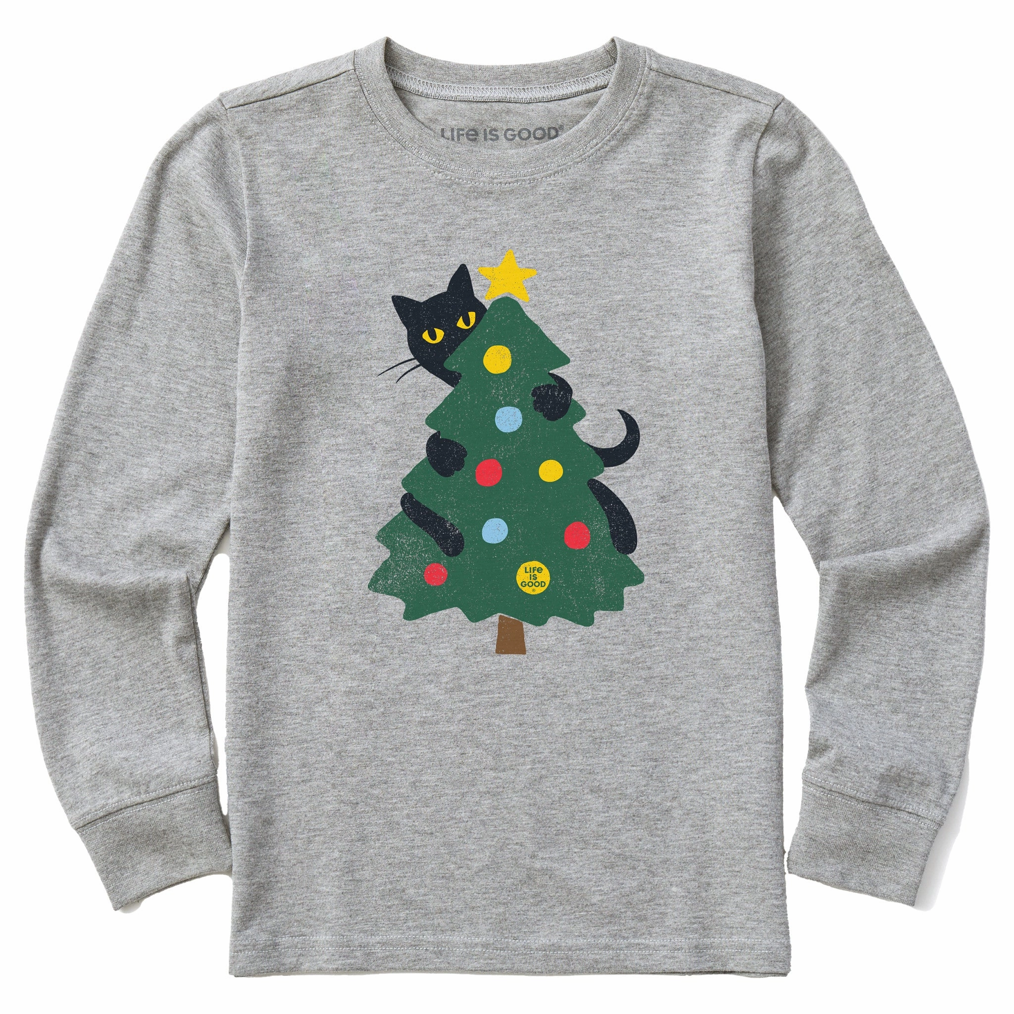 Kids Cat Christmas Tree Long Sleeve Crusher Tee Durable Colorfast Finish Fresh Style