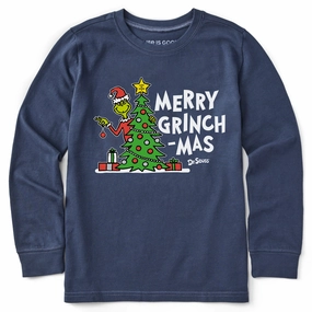 Denim combination Simple Wear Kids Grinch Merry Grinchmas Tree Long Sleeve Crusher Tee