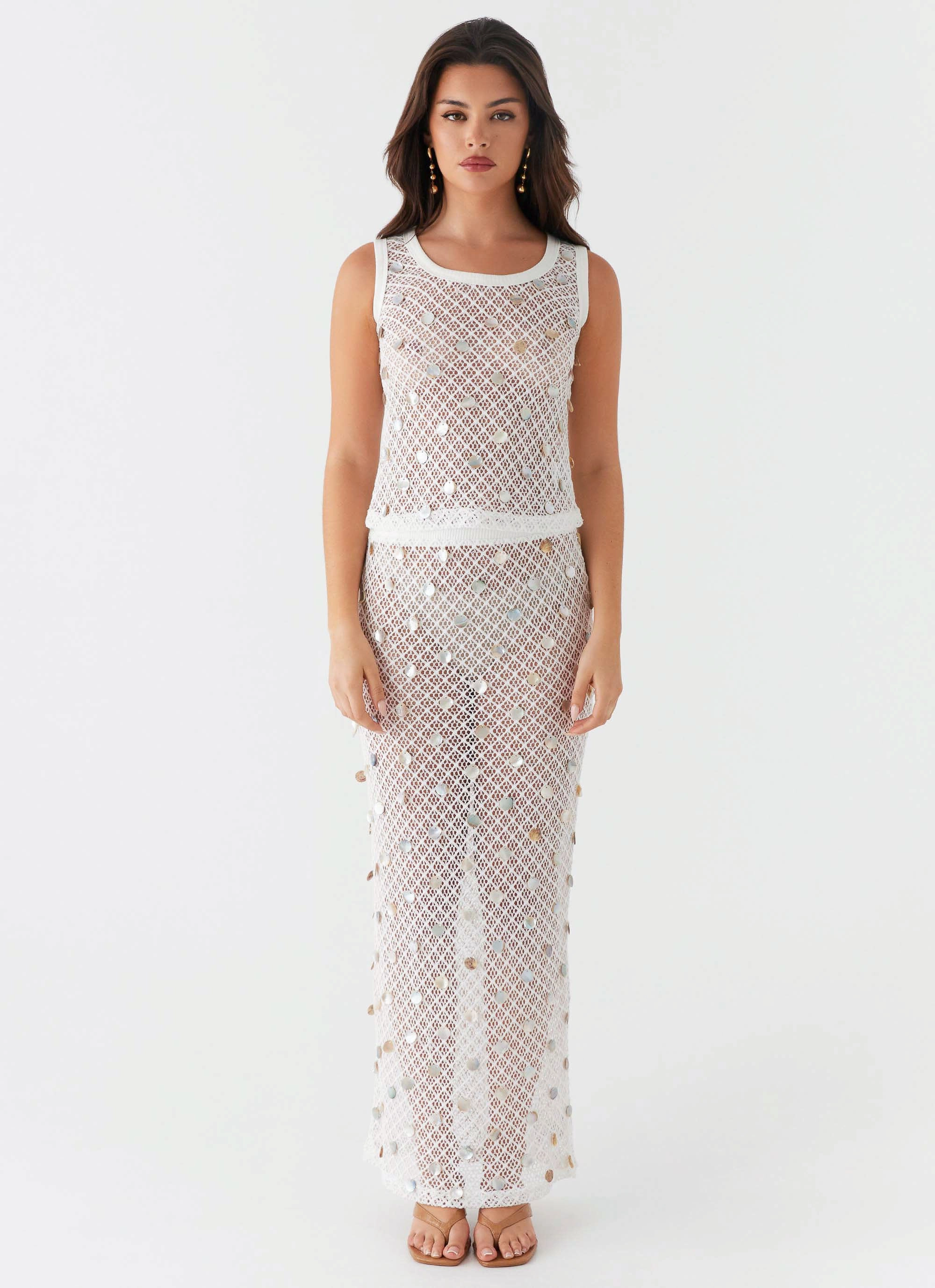 Lovina Shell Knit Maxi Skirt - White Denim style Luxury Finish