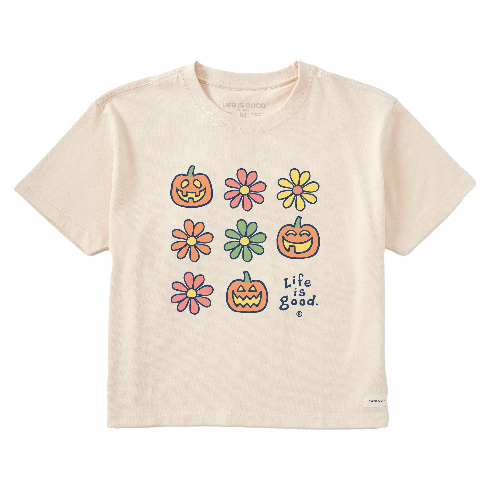 Women's Daisies & Jack O Lanterns Grid Short Sleeve Crusher Boxy Tee Comfortable texture