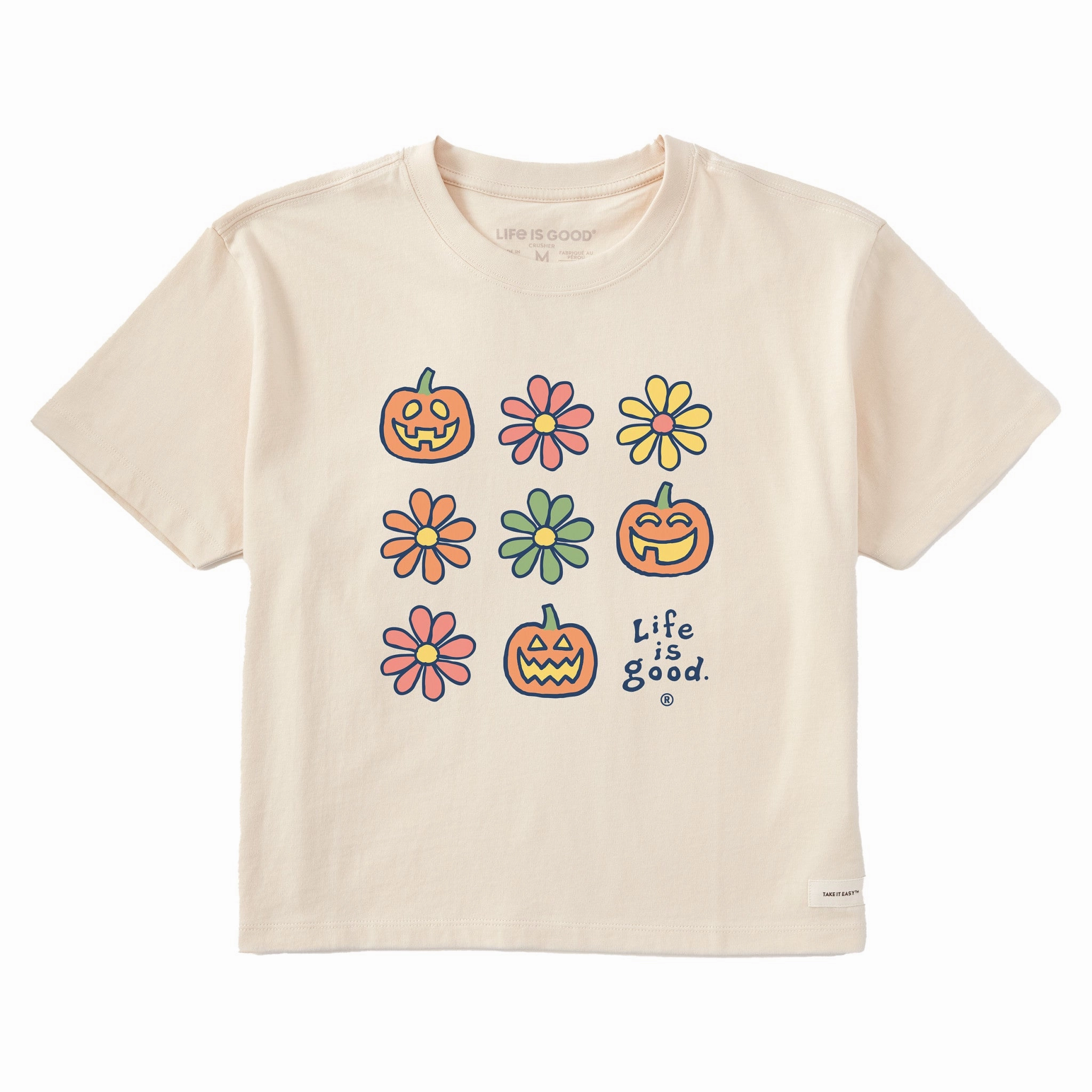 Women's Daisies & Jack O Lanterns Grid Short Sleeve Crusher Boxy Tee Eco Friendly Material Daily Comfort