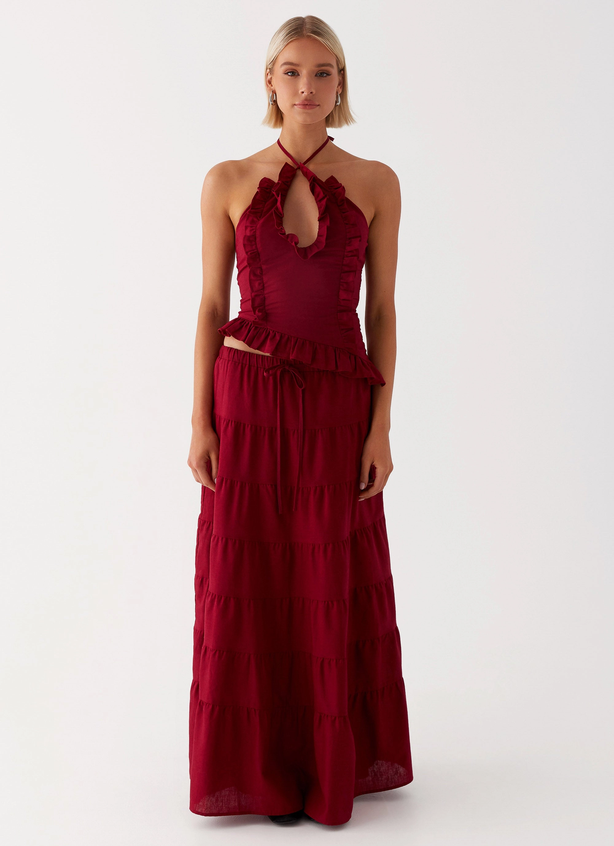 Mariella Linen Maxi Skirt - Maroon Water Repellent Finish Runway Inspired