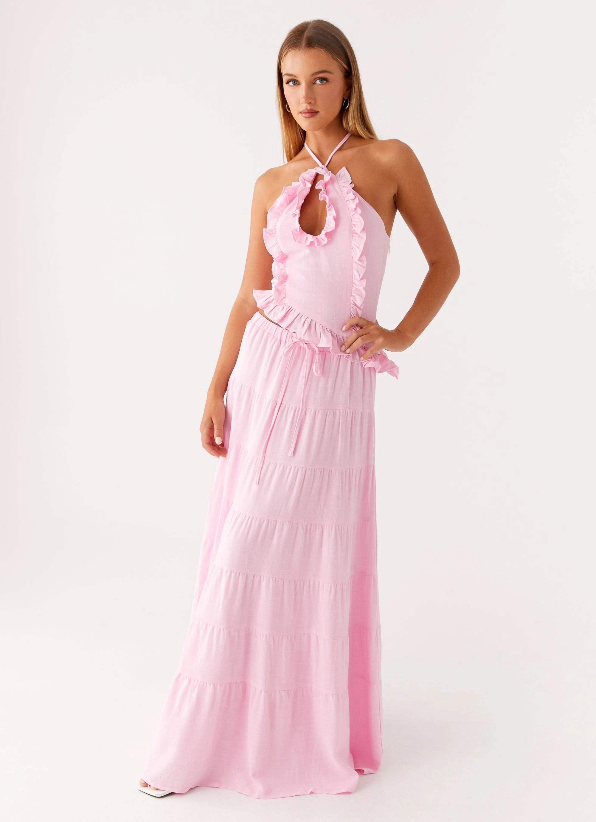 Slip Resistant Waistband Mariella Linen Maxi Skirt - Pink