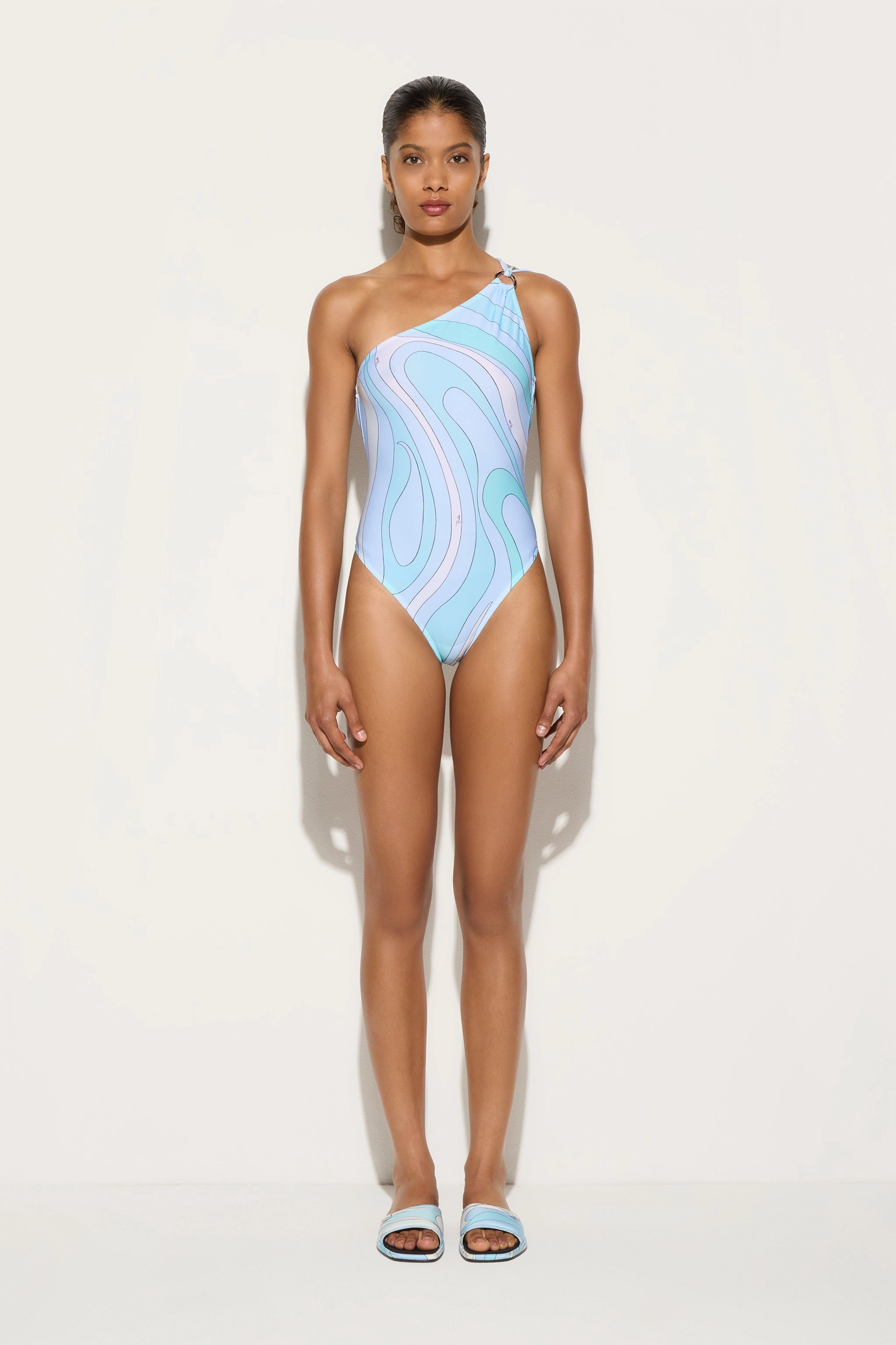 Anti Slip Straps Marmo Print Asymmetrical Swimsuit