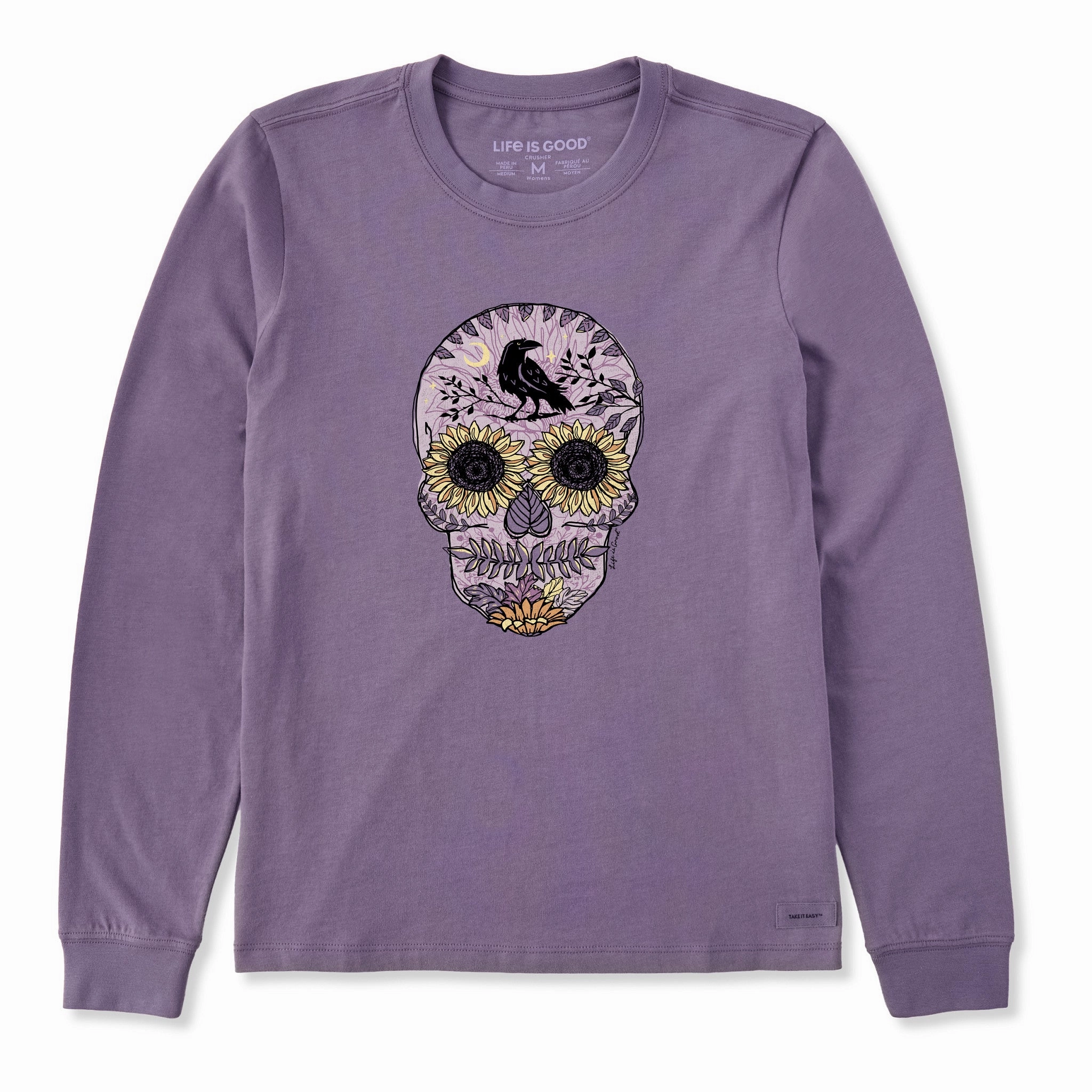 Women's Sunflower Skull Long Sleeve Crusher Tee Durable Stitching