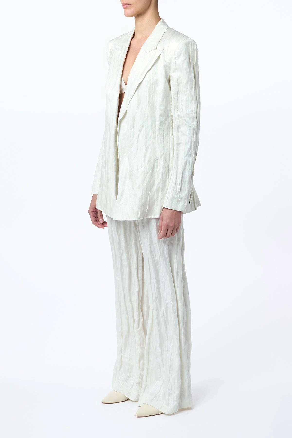Norman Wide-Leg Pant in Ivory Metallic Crinkled Silk Smart Layering Stylish Layer