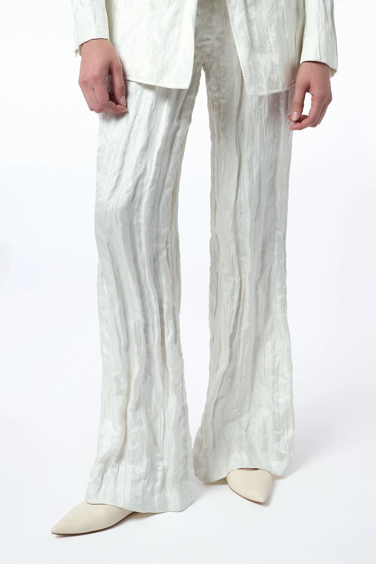 Trendy Layer Norman Wide-Leg Pant in Ivory Metallic Crinkled Silk