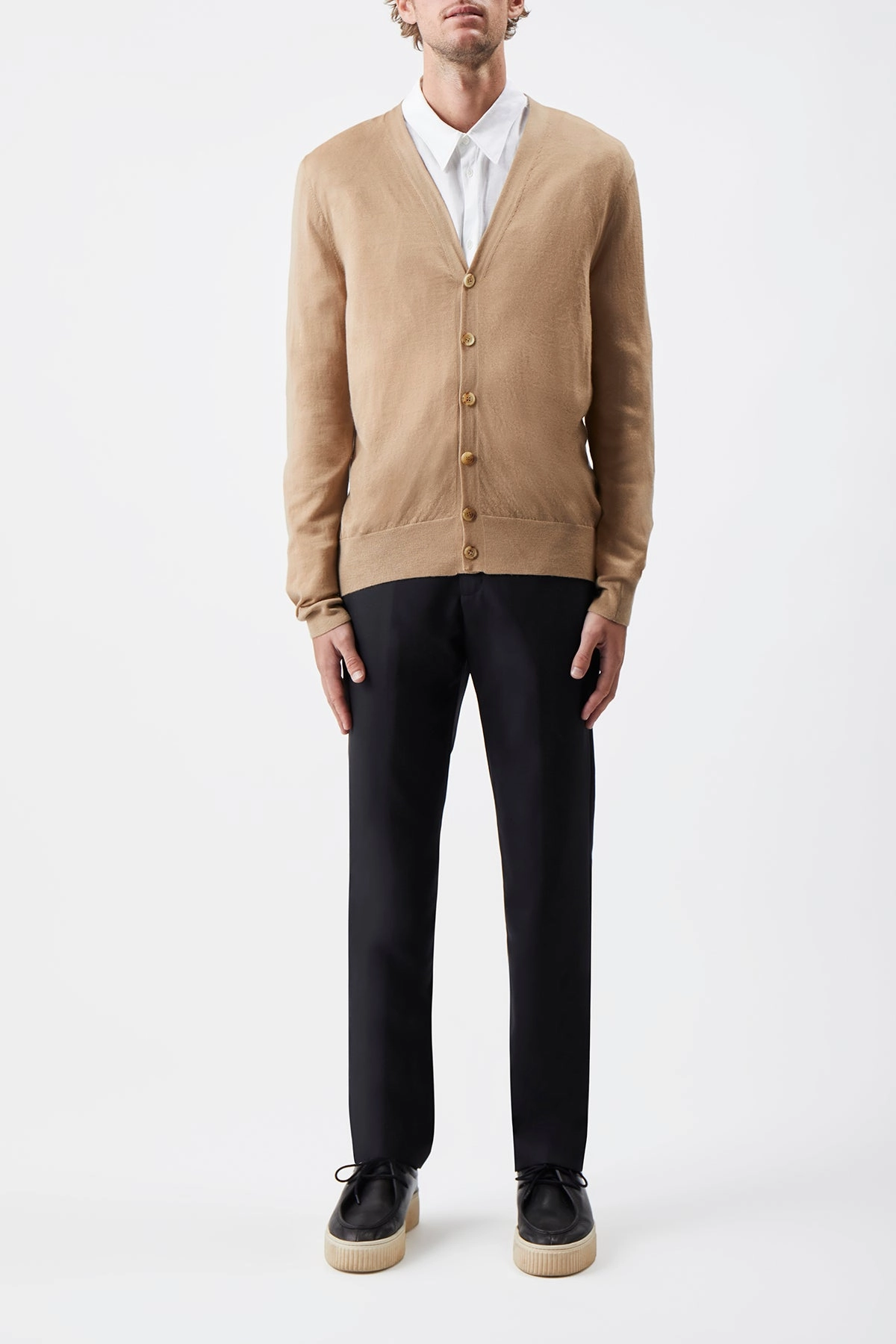 Simple Form Duke Knit Cardigan in Camel Cashmere